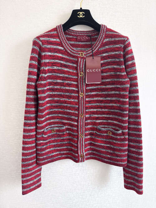 Gucci Women's Red & Gray Striped Knit Cardigan Sweater With Pockets 1 Gucci Women's Red & Gray Striped Knit Cardigan Sweater With Pockets