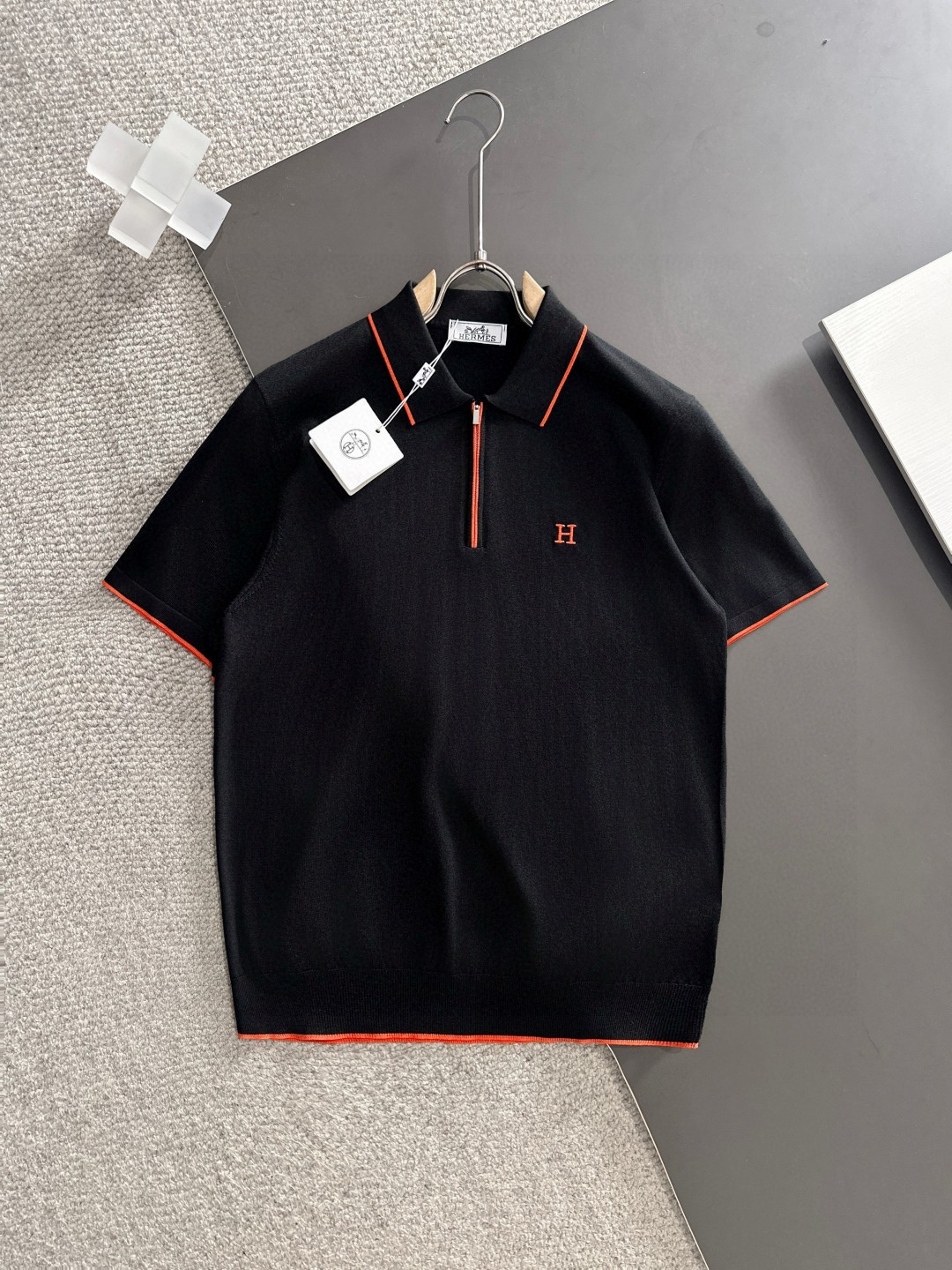 Hermès Men's Black Polo Shirt with Orange Trim, Short Sleeve T-Shirt 2 a1752309119205 3422