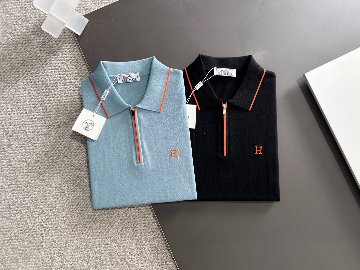 Hermès Men's Black Polo Shirt with Orange Trim, Short Sleeve T-Shirt 10 a1752309120511 6372