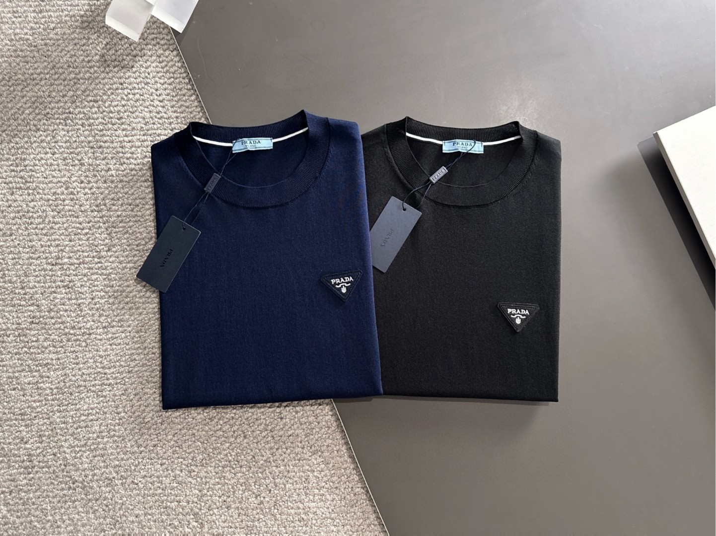 Prada Men's Navy Blue T-Shirt with White Striped Sleeves - Casual & Luxury 2 a1752309155256 8202