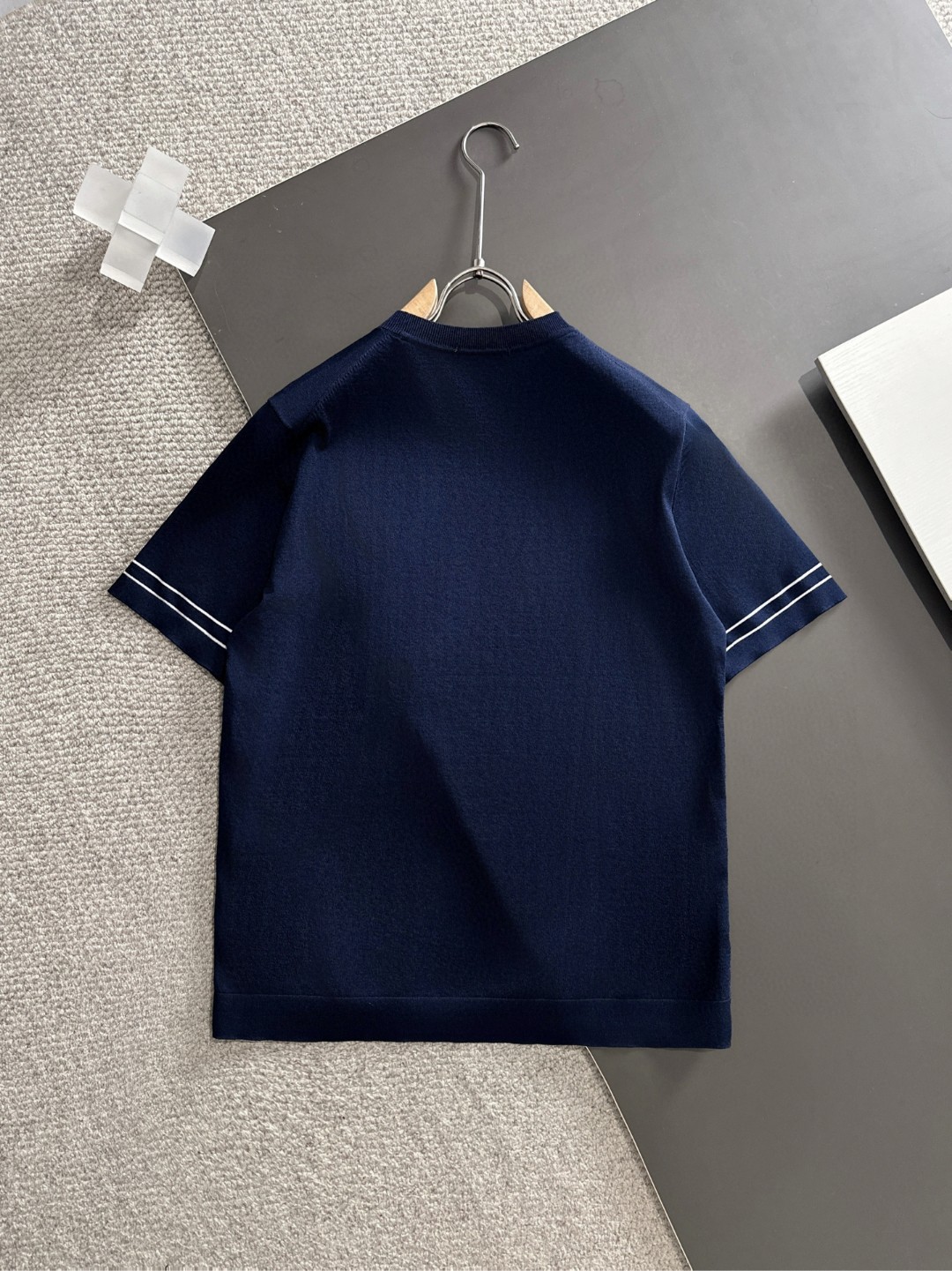 Prada Men's Navy Blue T-Shirt with White Striped Sleeves - Casual & Luxury 9 a1752309156415 5305