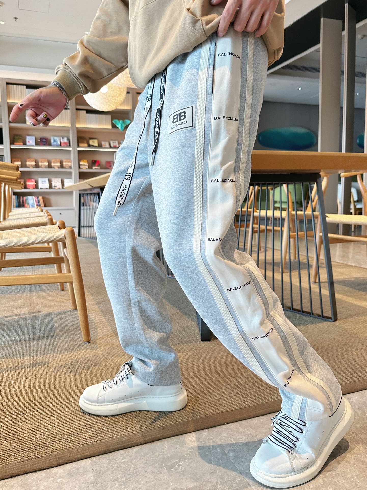 Balenciaga Men's Grey Logo Print Side Stripe Casual Sweatpants Trousers