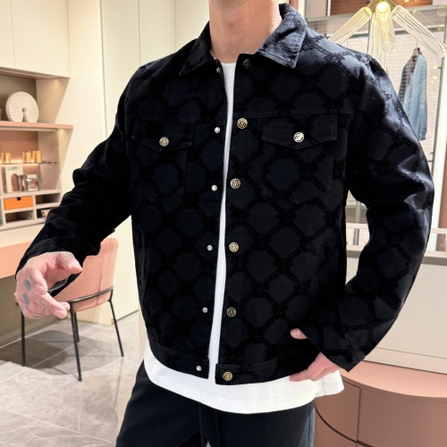 Versace Black Denim Jacket with Embroidered Logo, Luxury Outerwear 1 Versace Black Denim Jacket with Embroidered Logo, Luxury Outerwear