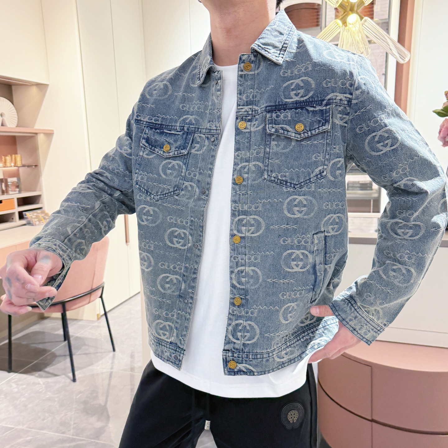 Gucci Denim Jacket with Embroidered Logo - Washed Blue, Size M-XXXL