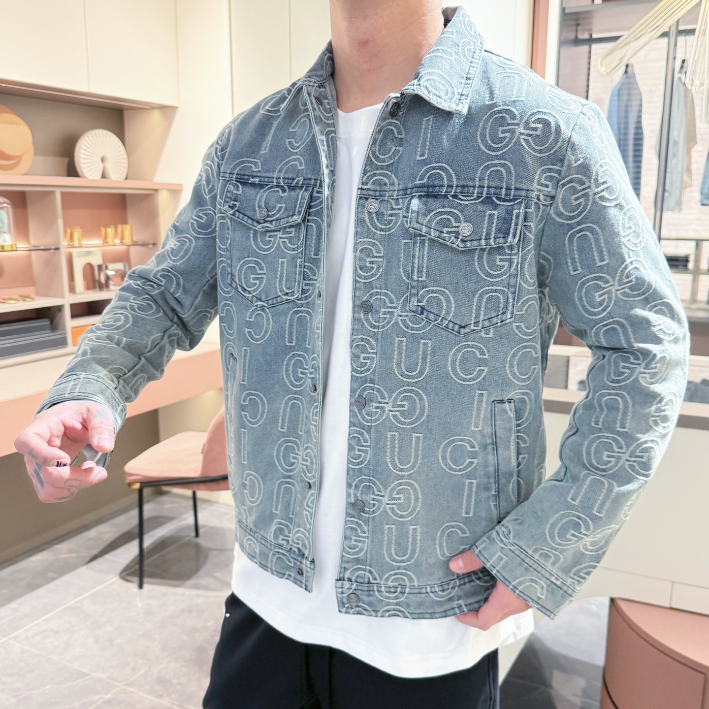 Gucci Denim Jacket with Embroidered Logo, Washed Blue, M-XXXL