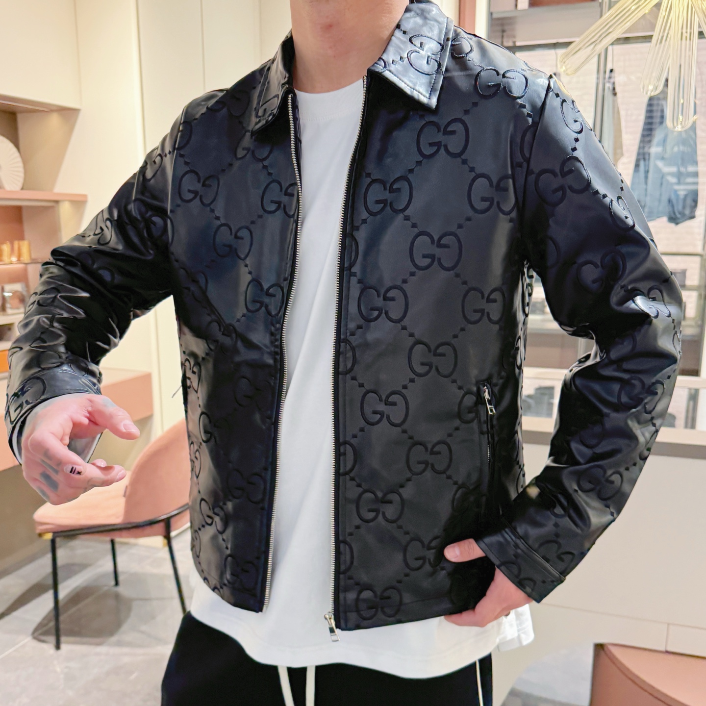 Gucci 2025 Fall/Winter Black Leather Jacket with Embossed Logo Pattern