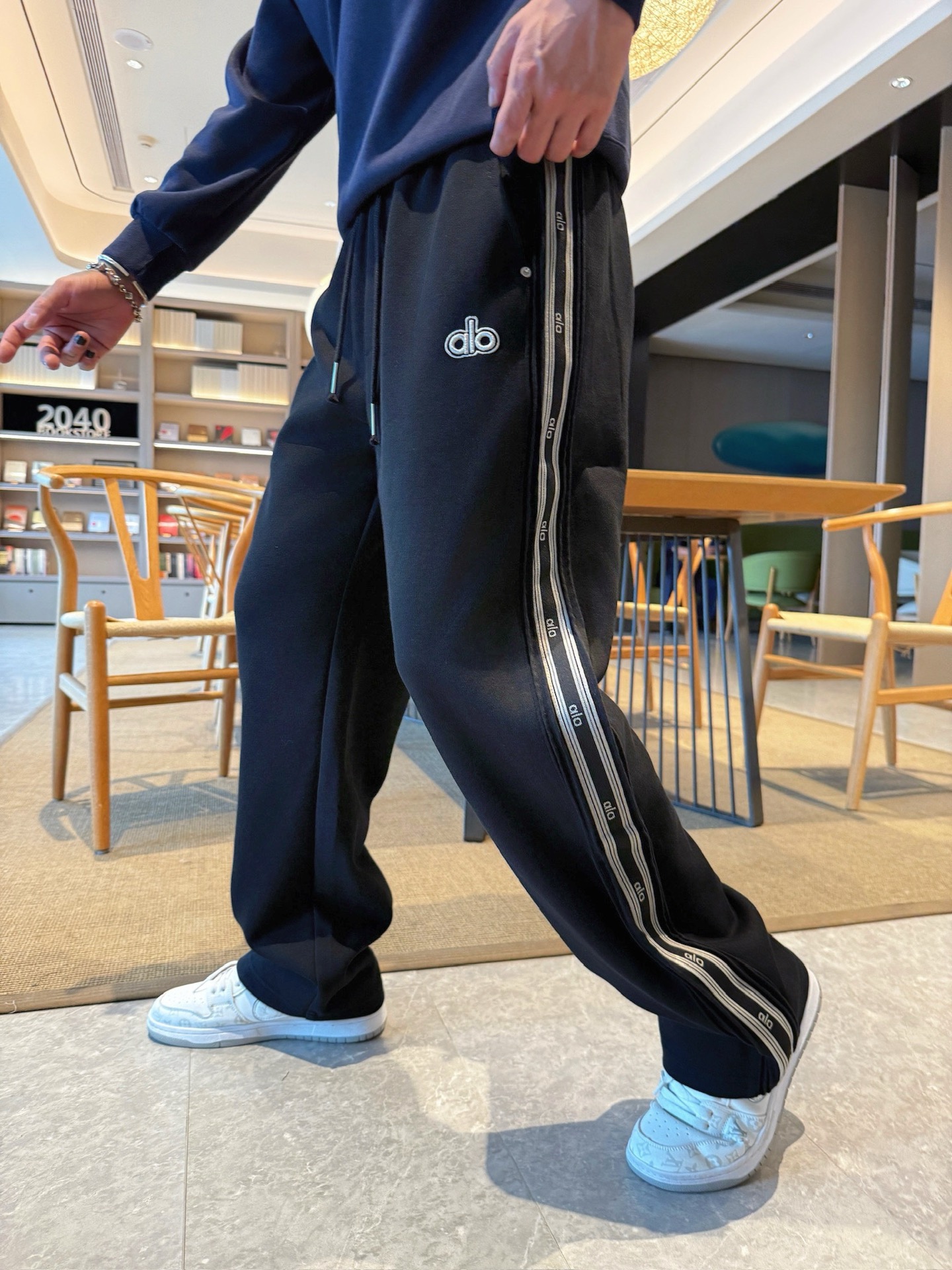 Alo Black Logo Stripe Casual Pants | Comfortable Custom Fabric Trousers