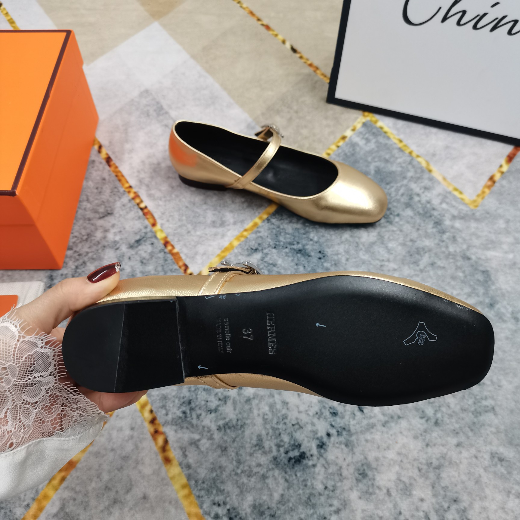 Hermes Women's Mary Jane Leather Ballet Flats Comfortable Shoes 10 a1743508847735 6432