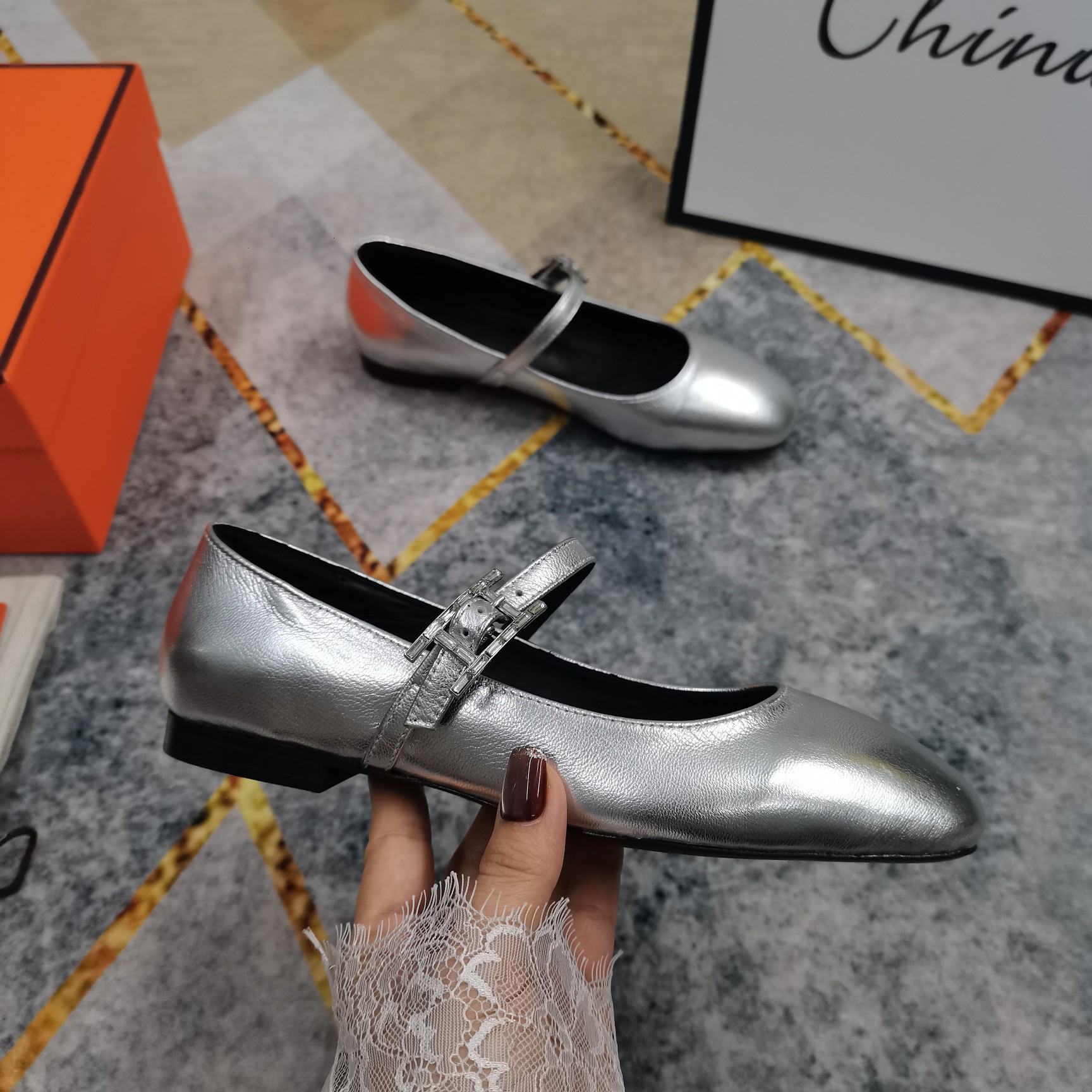 Hermes Mary Jane Silver Leather Ballet Flats 1 Hermes Mary Jane Silver Leather Ballet Flats
