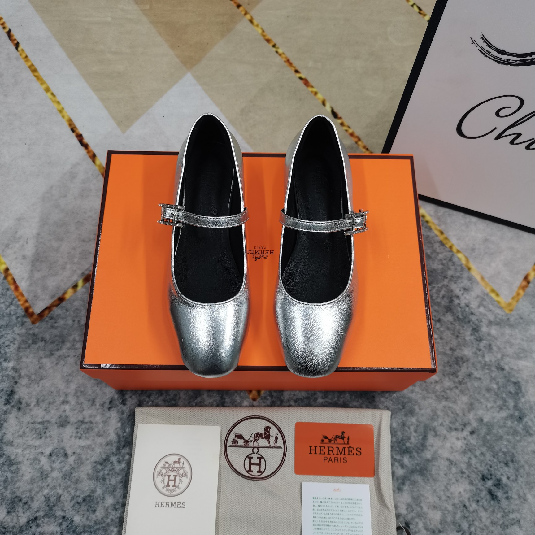 Hermes Mary Jane Silver Leather Ballet Flats 6 a1743509379465 1027