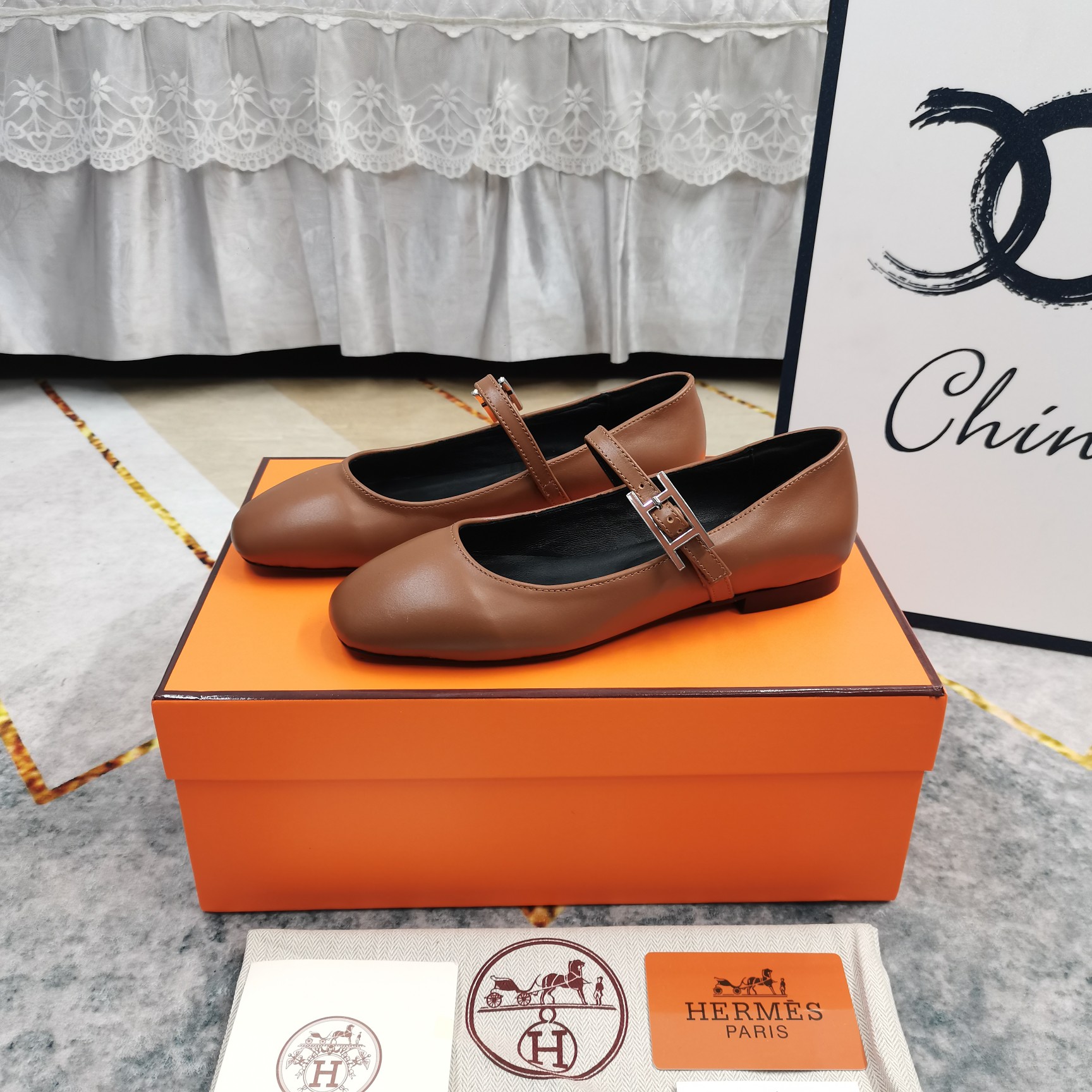 Hermes Women's Brown Leather Mary Jane Ballet Flats Comfortable Shoes 9 a1743509487068 5073