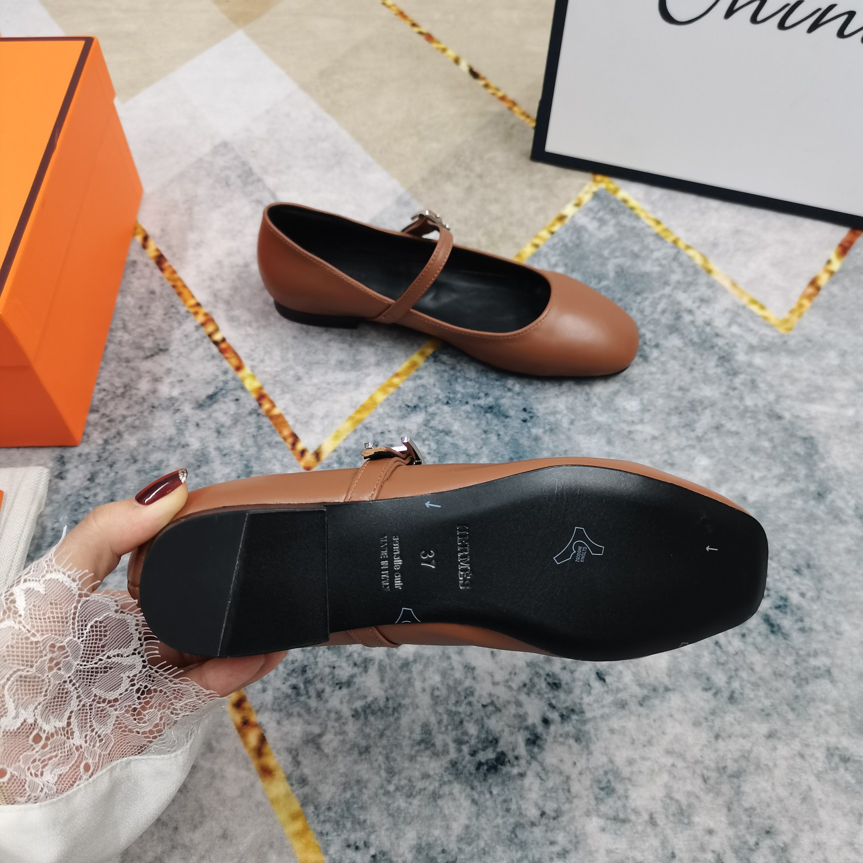 Hermes Women's Brown Leather Mary Jane Ballet Flats Comfortable Shoes 10 a1743509487084 6604