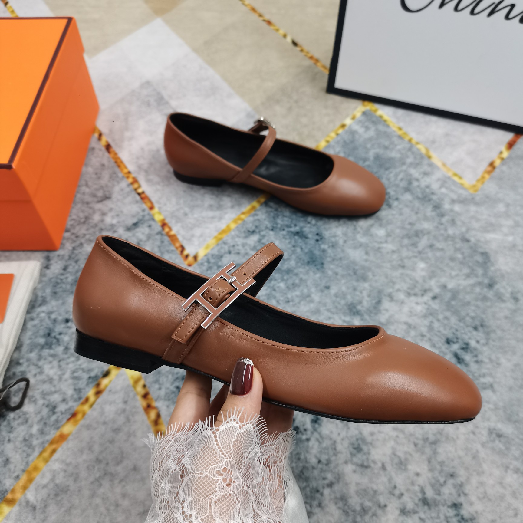 Hermes Women's Brown Leather Mary Jane Ballet Flats Comfortable Shoes 1 Hermes Women's Brown Leather Mary Jane Ballet Flats Comfortable Shoes