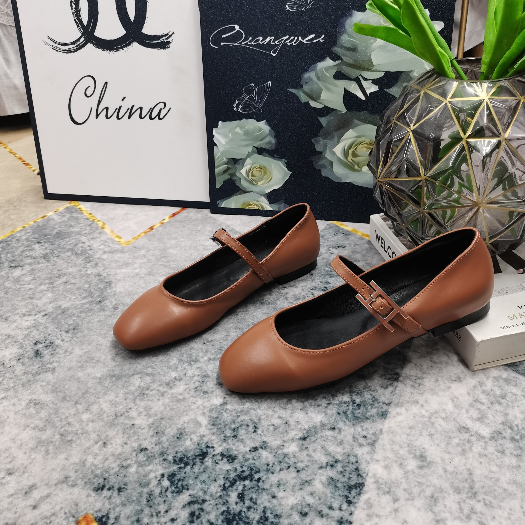 Hermes Women's Brown Leather Mary Jane Ballet Flats Comfortable Shoes 5 a1743509487283 1848