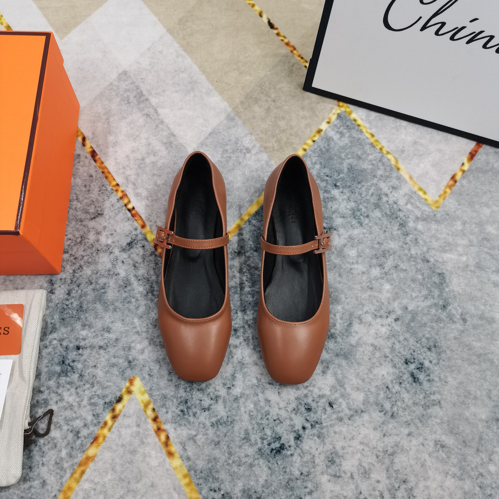 Hermes Women's Brown Leather Mary Jane Ballet Flats Comfortable Shoes 4 a1743509487292 4060