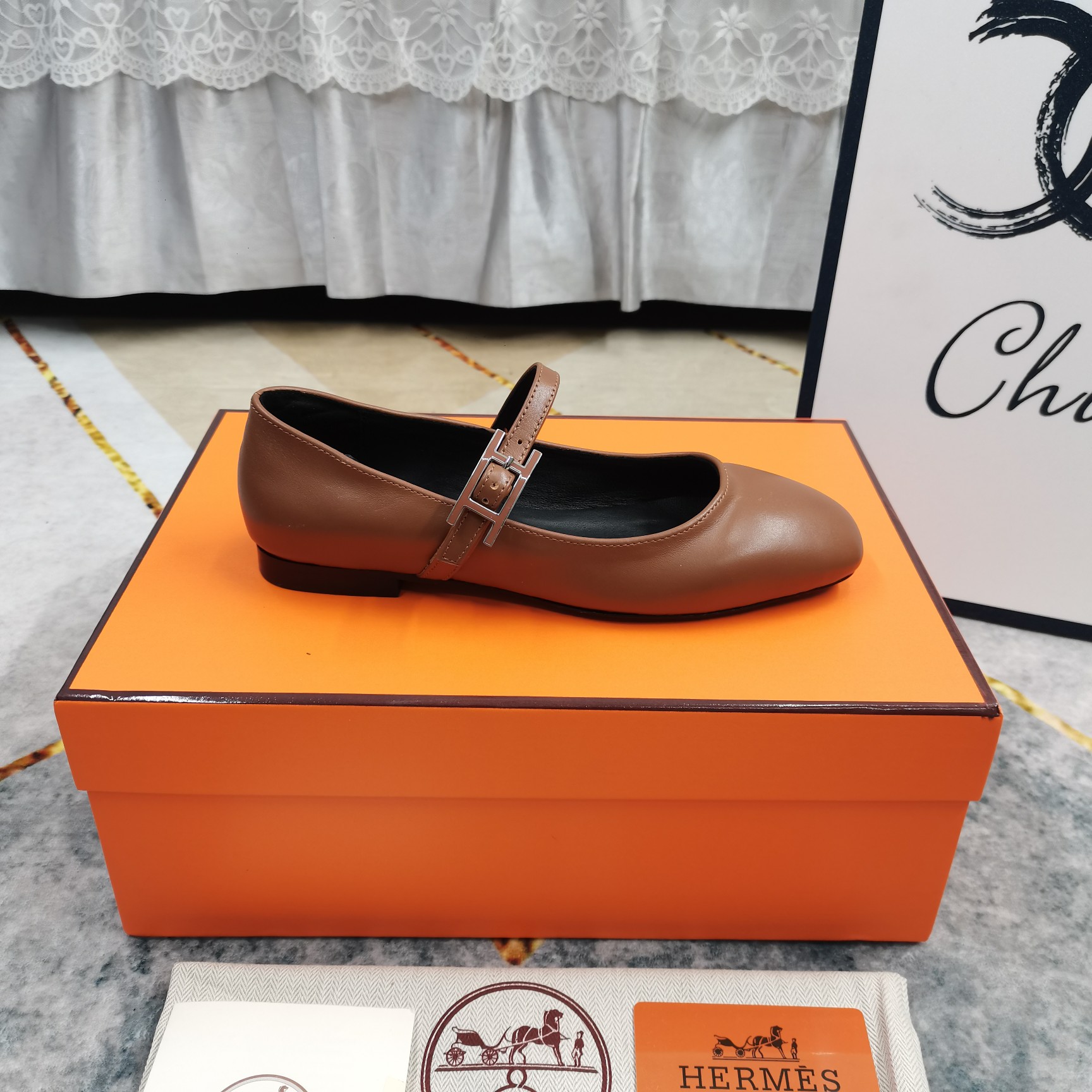 Hermes Women's Brown Leather Mary Jane Ballet Flats Comfortable Shoes 7 a1743509488182 8323