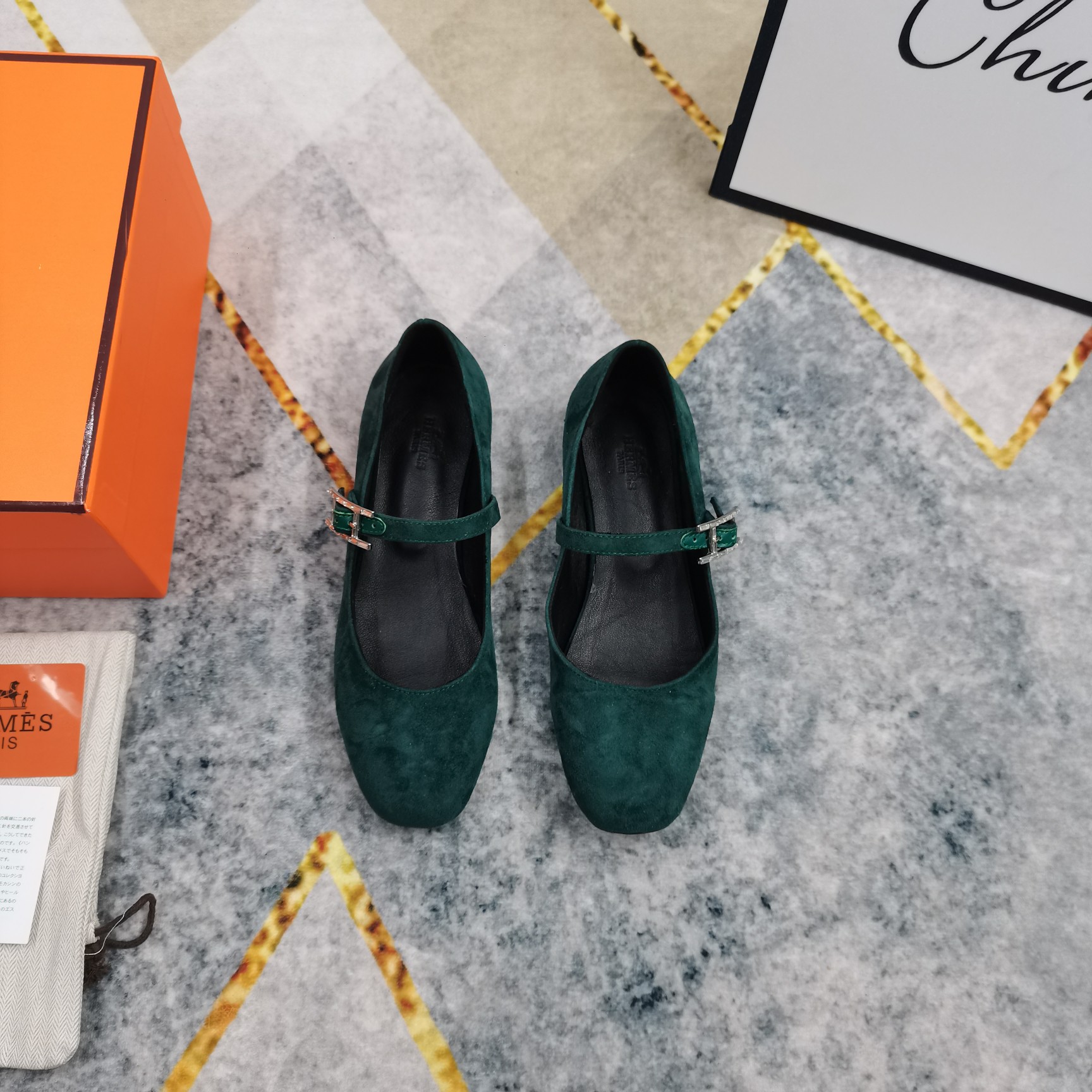 Hermes Women's Green Suede Mary Jane Flats with Buckle Strap, Comfortable Shoes 4 a1743509628692 5228
