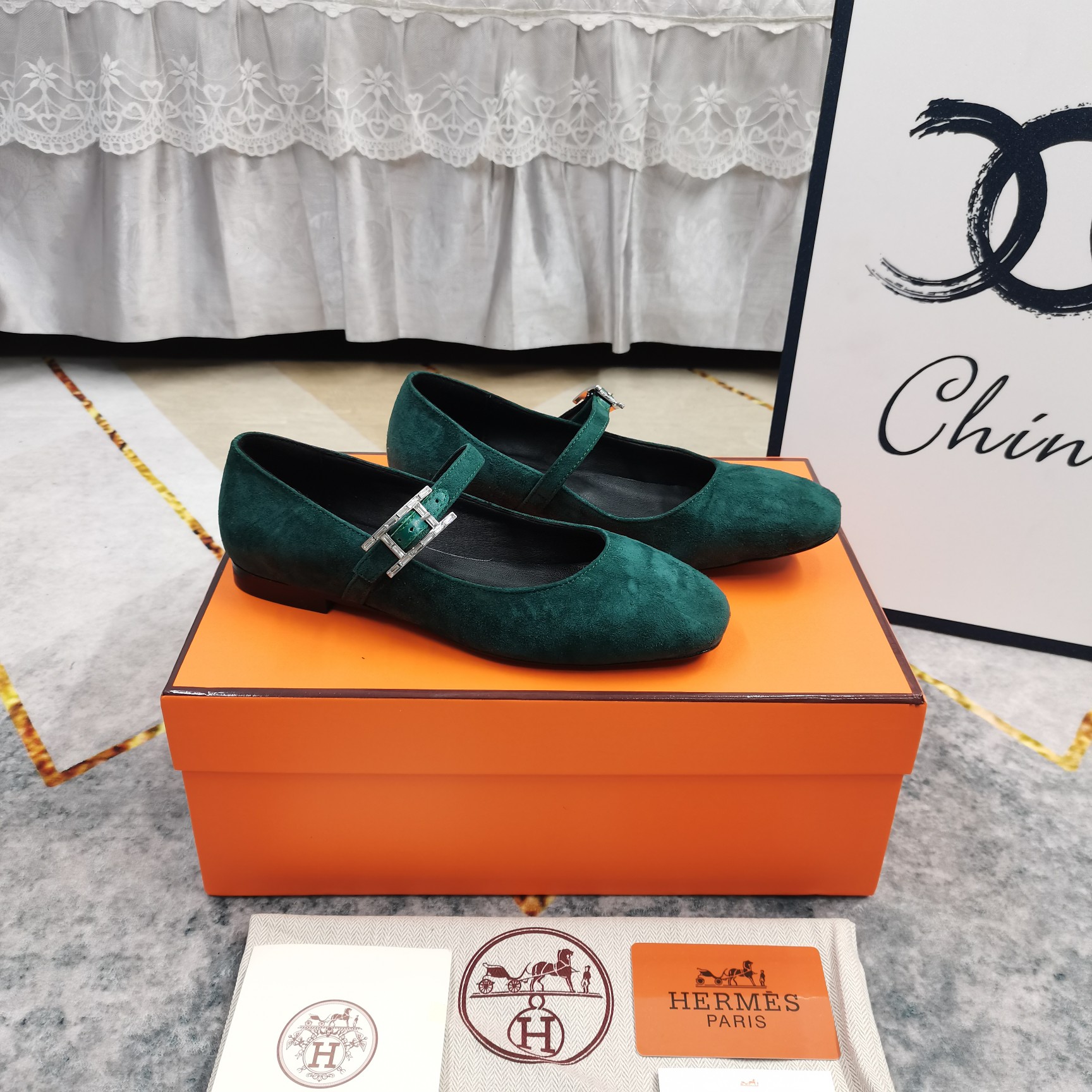 Hermes Women's Green Suede Mary Jane Flats with Buckle Strap, Comfortable Shoes 9 a1743509628697 0006