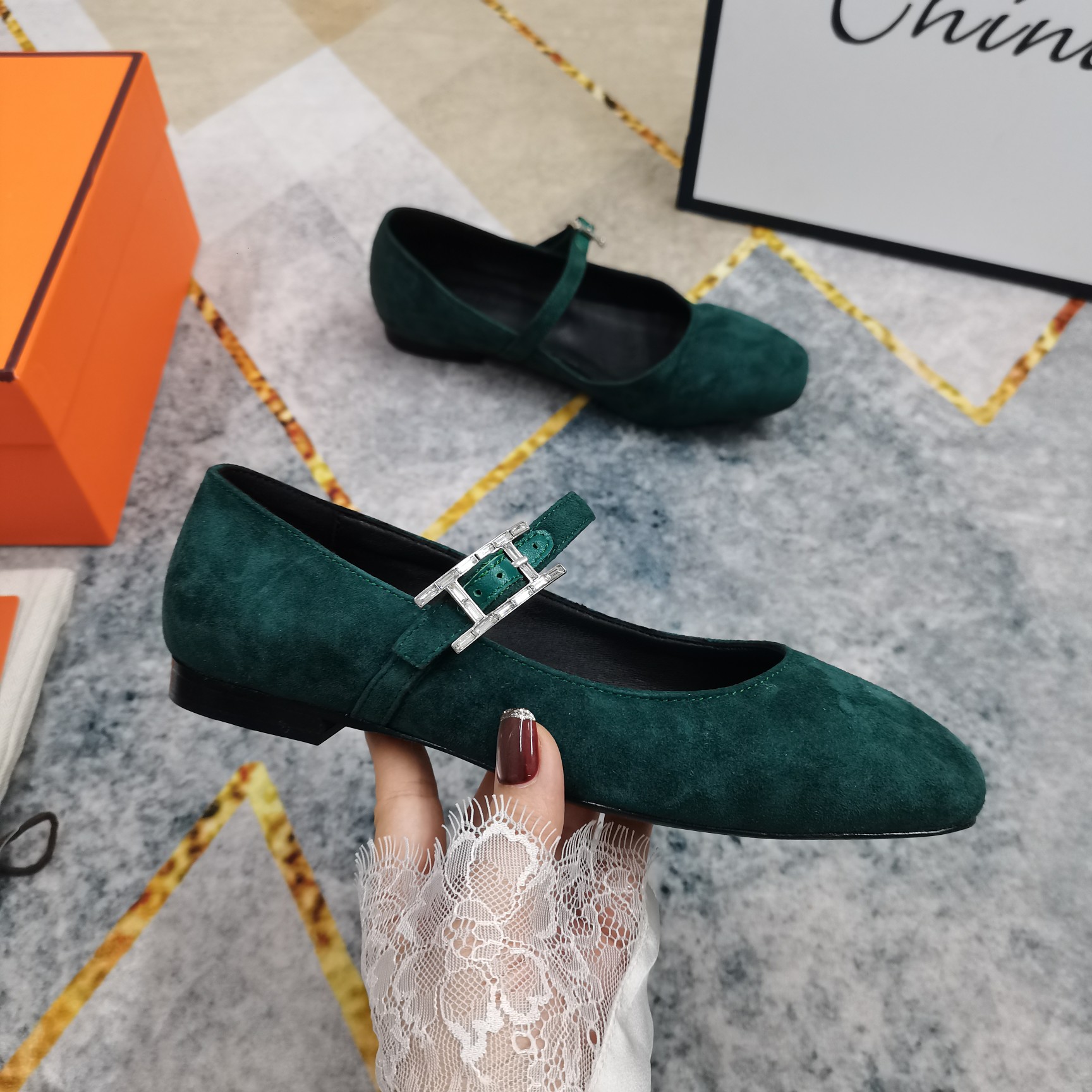 Hermes Women's Green Suede Mary Jane Flats with Buckle Strap, Comfortable Shoes 2 a1743509628697 0132