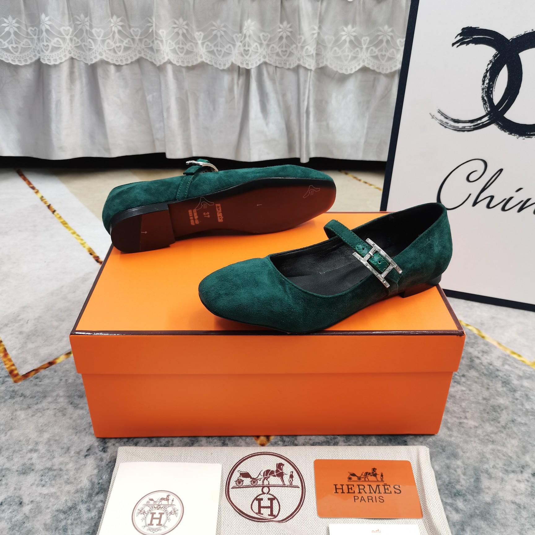 Hermes Women's Green Suede Mary Jane Flats with Buckle Strap, Comfortable Shoes 8 a1743509628761 0802
