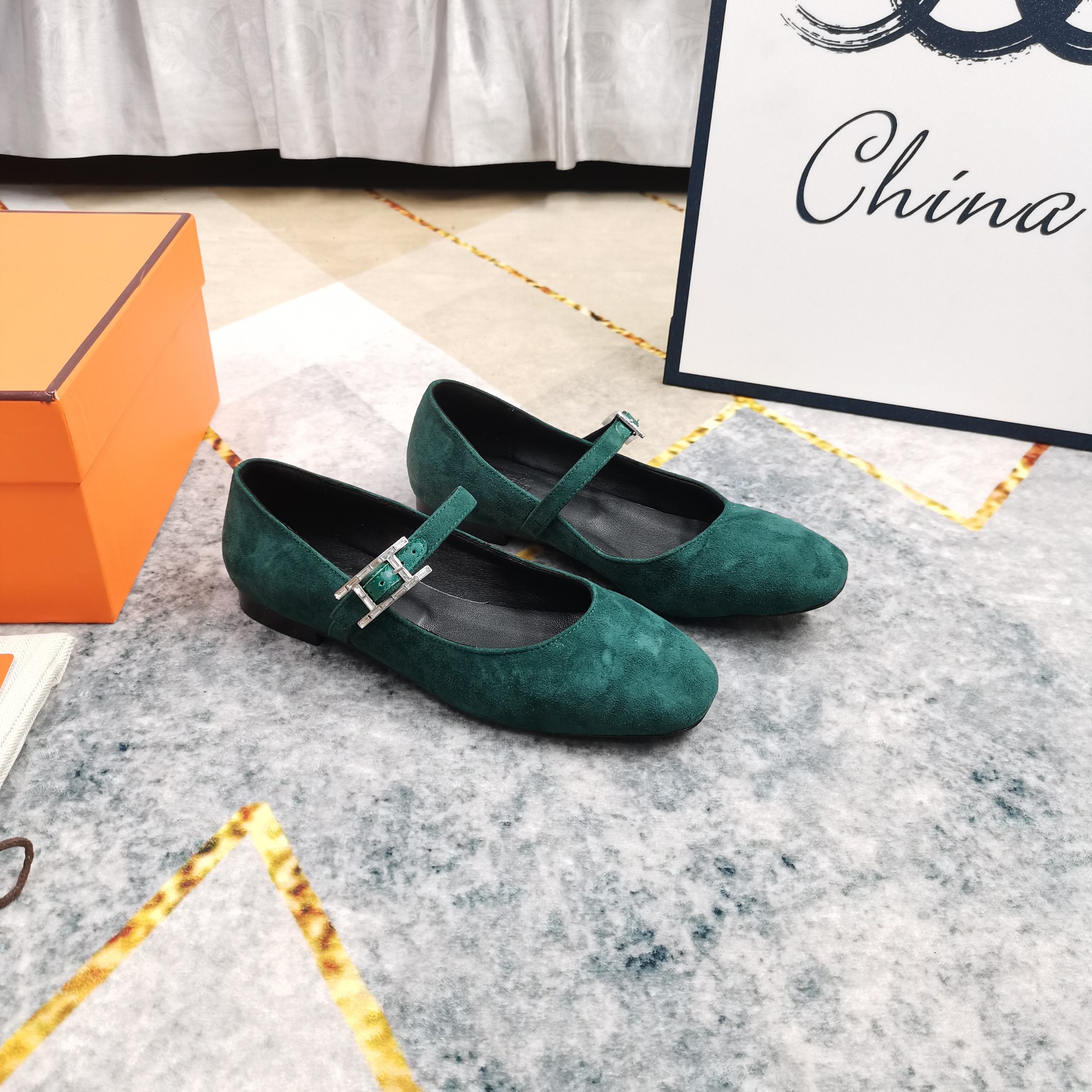 Hermes Women's Green Suede Mary Jane Flats with Buckle Strap, Comfortable Shoes 3 a1743509628892 2352
