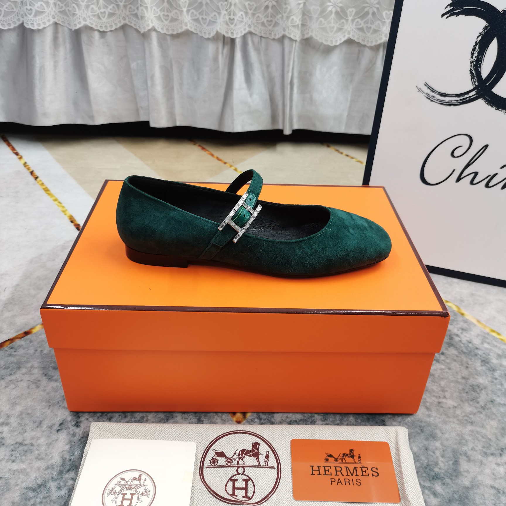 Hermes Women's Green Suede Mary Jane Flats with Buckle Strap, Comfortable Shoes 7 a1743509629996 0018