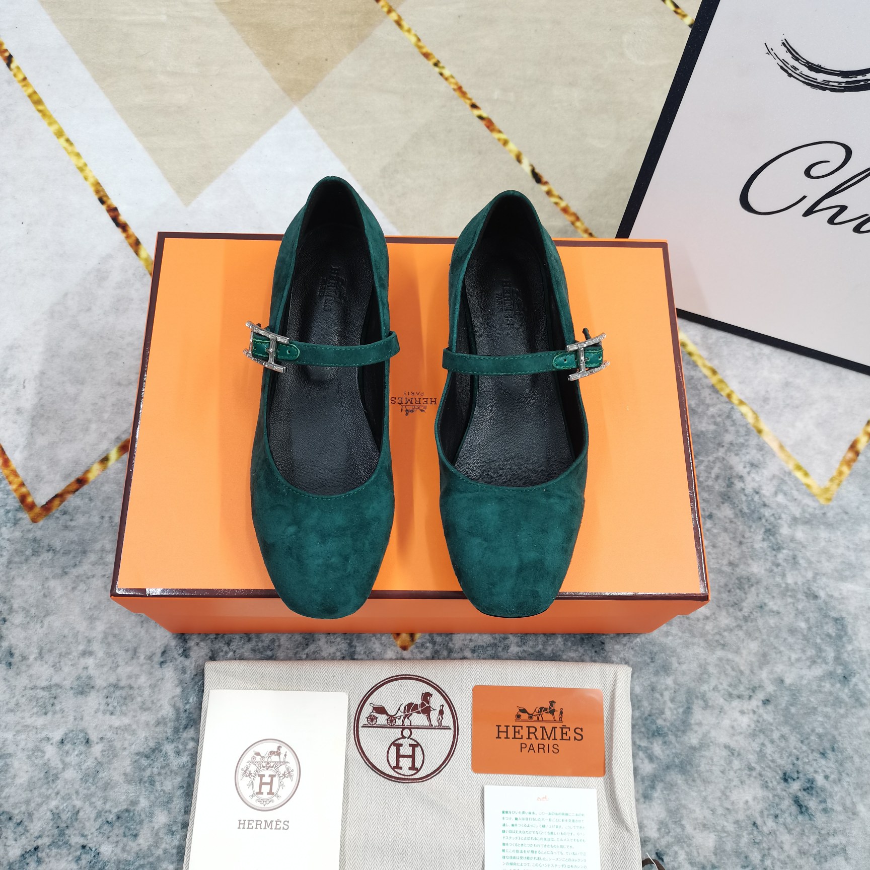 Hermes Women's Green Suede Mary Jane Flats with Buckle Strap, Comfortable Shoes 6 a1743509630065 4065
