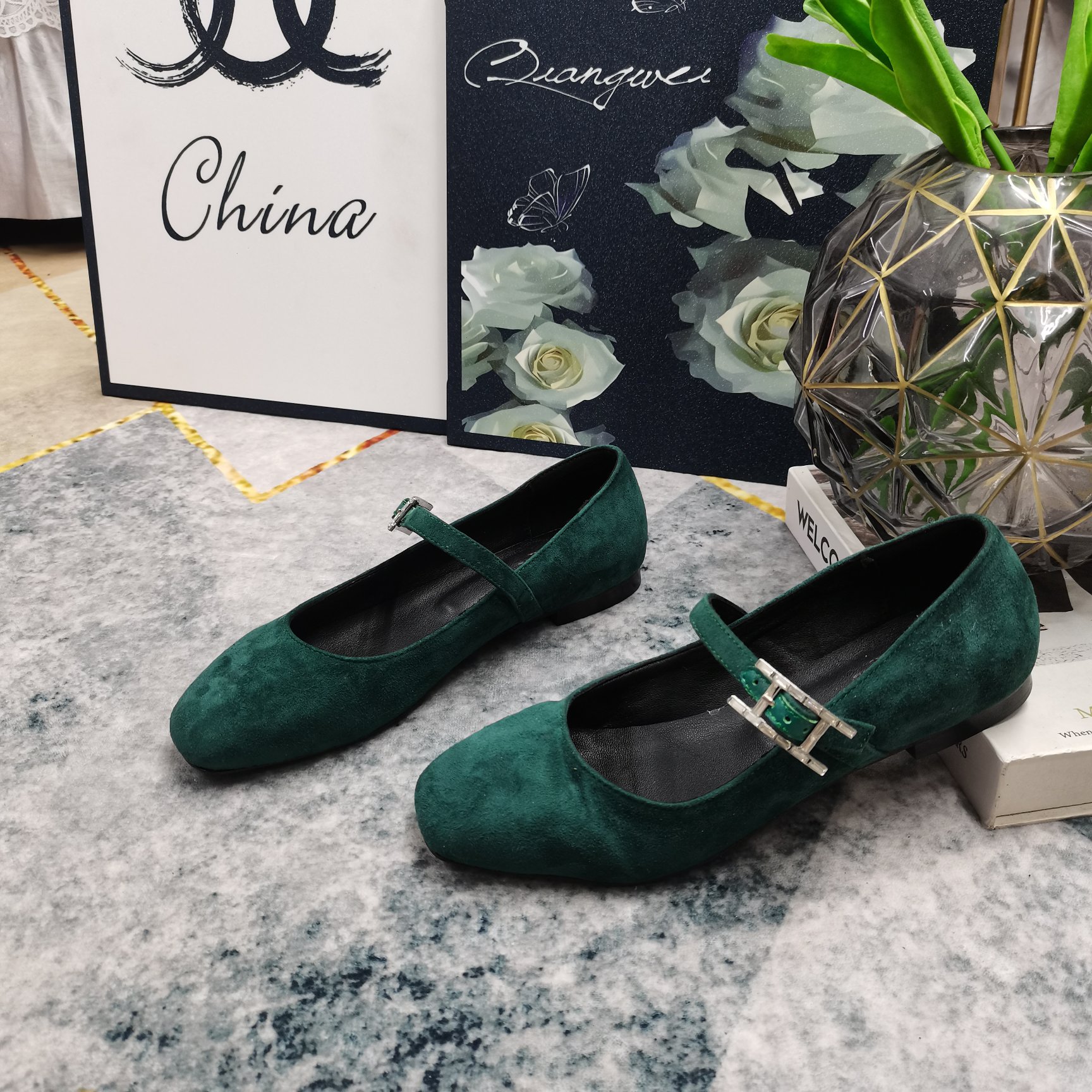 Hermes Women's Green Suede Mary Jane Flats with Buckle Strap, Comfortable Shoes 5 a1743509637082 2337