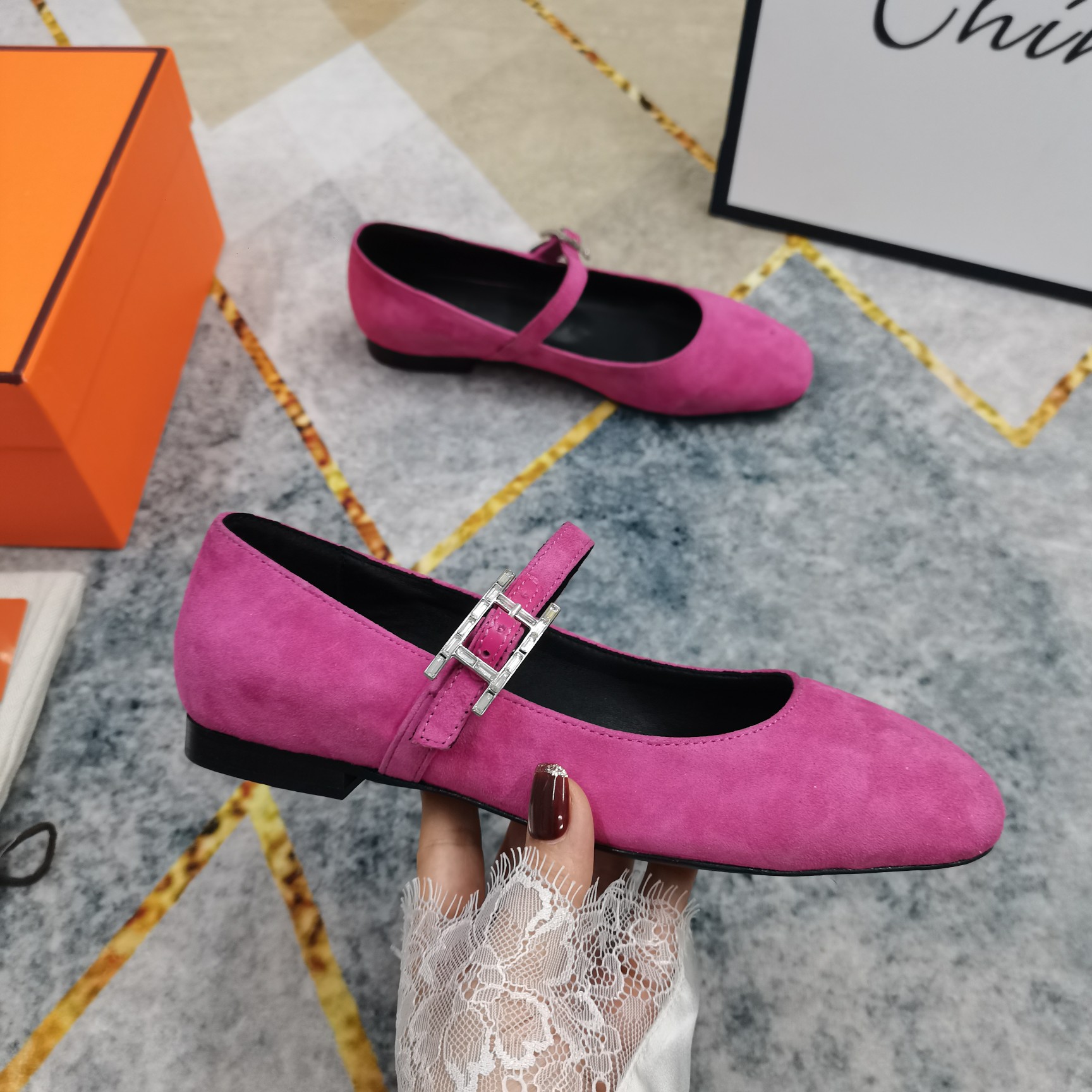 Hermes Women's Pink Suede Mary Jane Flats with Crystal Buckle Strap 2 a1743510037486 2147