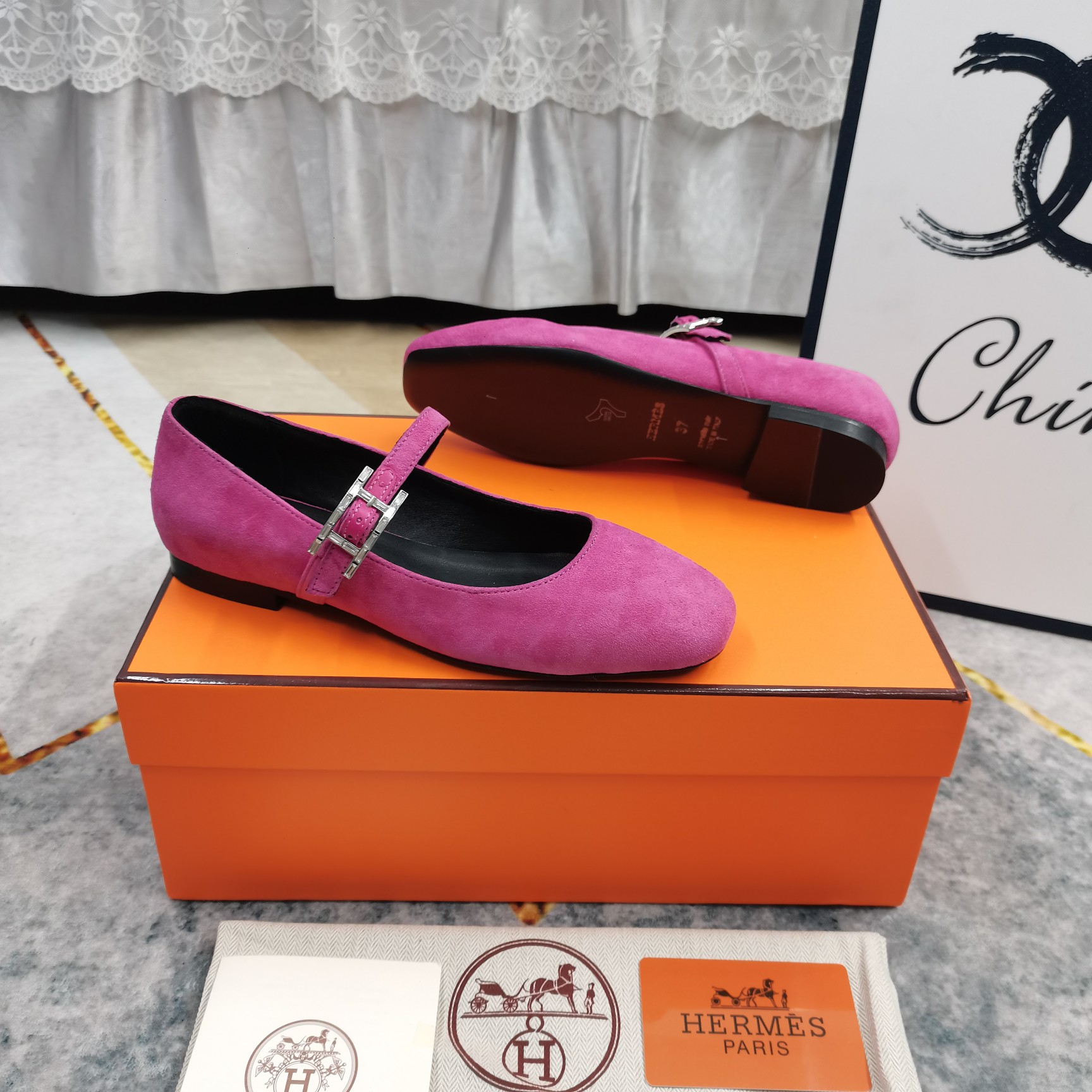 Hermes Women's Pink Suede Mary Jane Flats with Crystal Buckle Strap 8 a1743510037537 3156