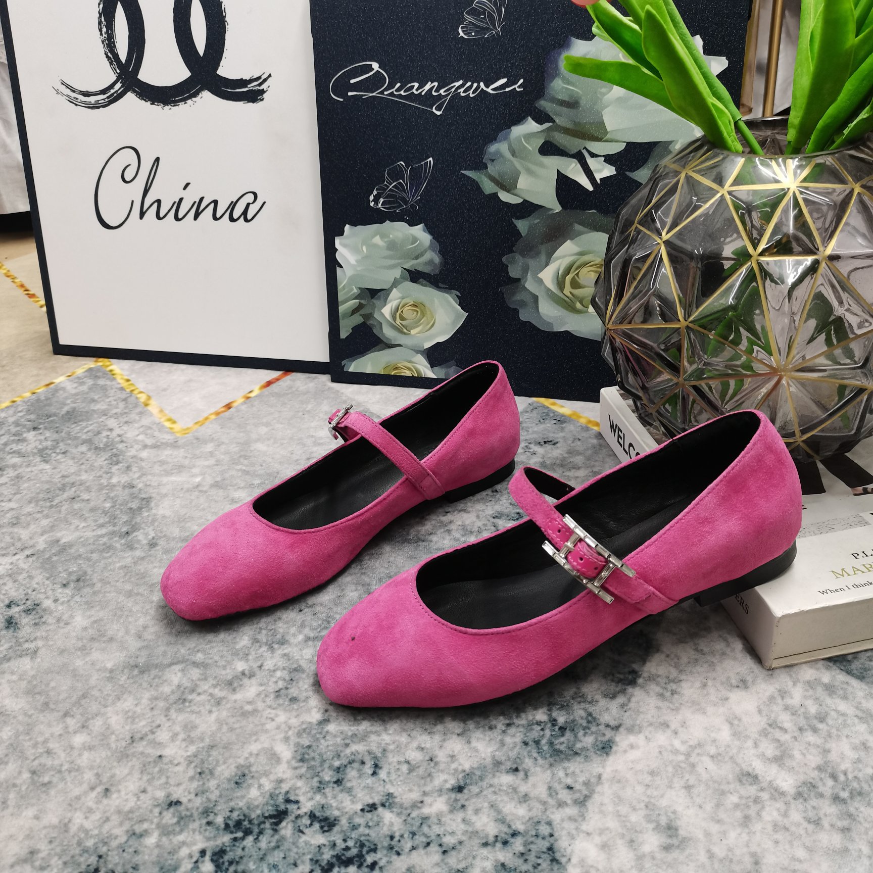 Hermes Women's Pink Suede Mary Jane Flats with Crystal Buckle Strap 5 a1743510037548 0128