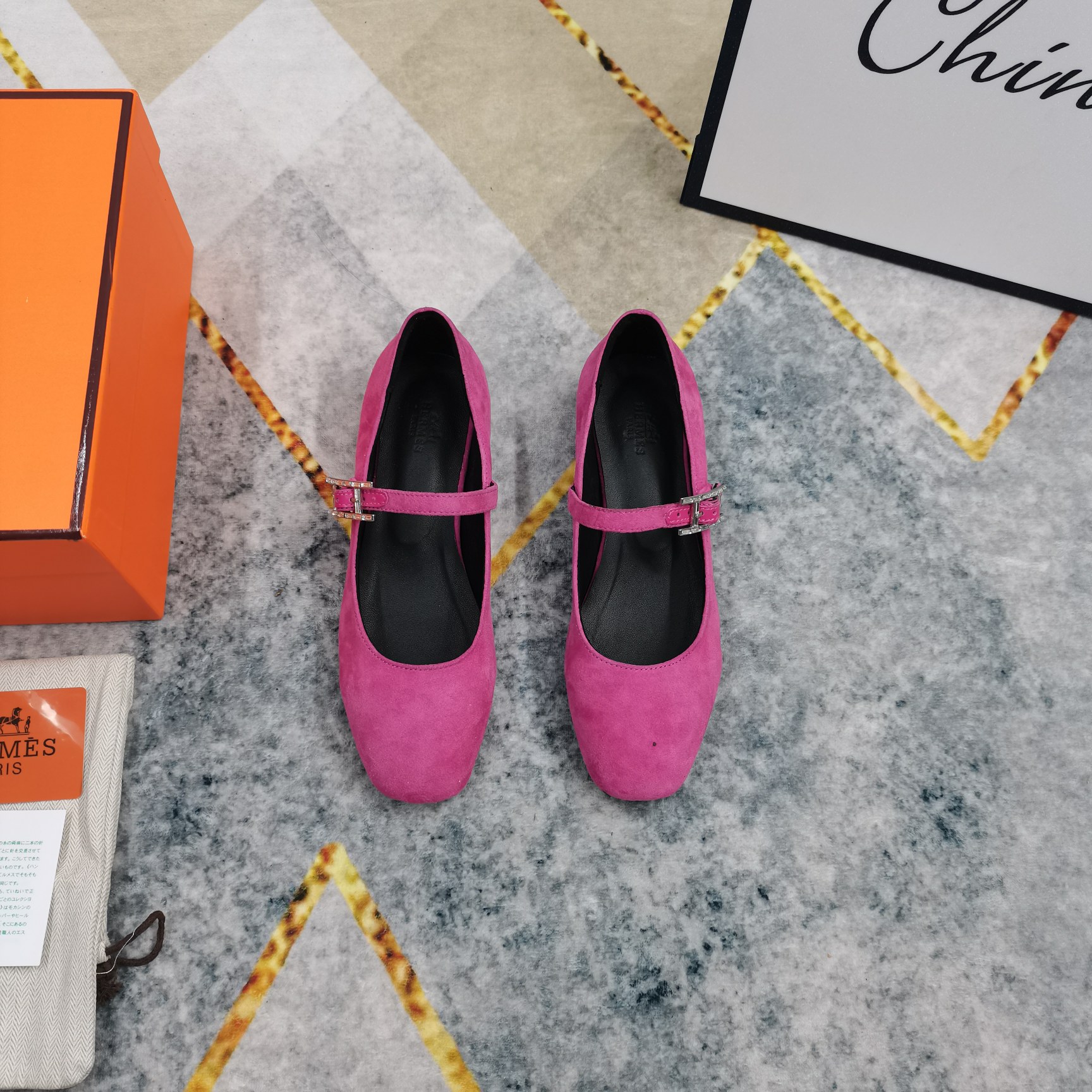 Hermes Women's Pink Suede Mary Jane Flats with Crystal Buckle Strap 4 a1743510037580 1006