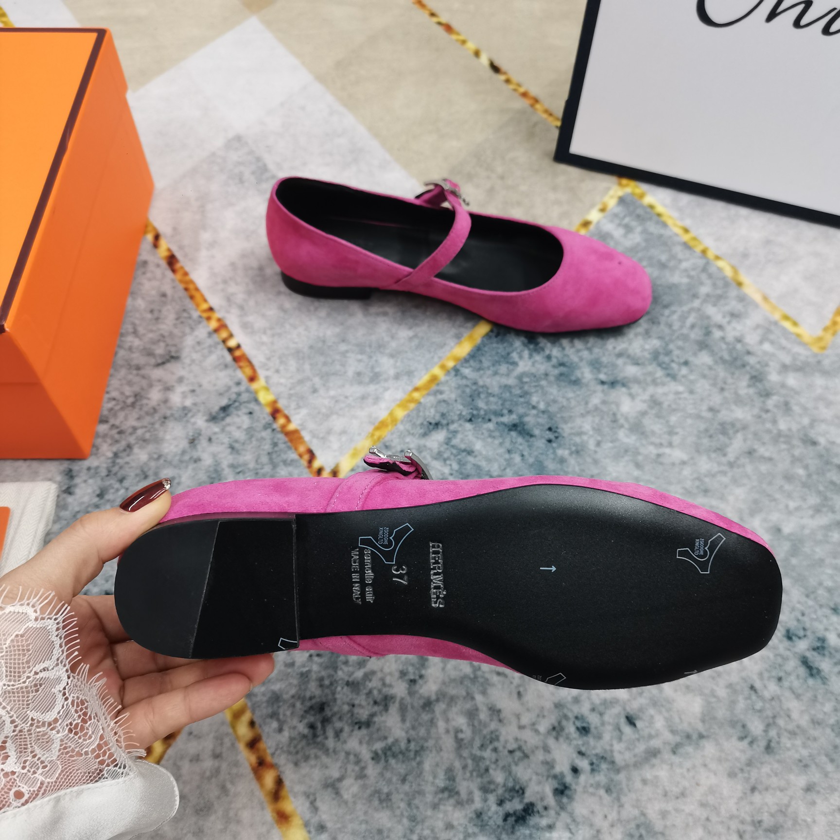Hermes Women's Pink Suede Mary Jane Flats with Crystal Buckle Strap 10 a1743510037675 5184