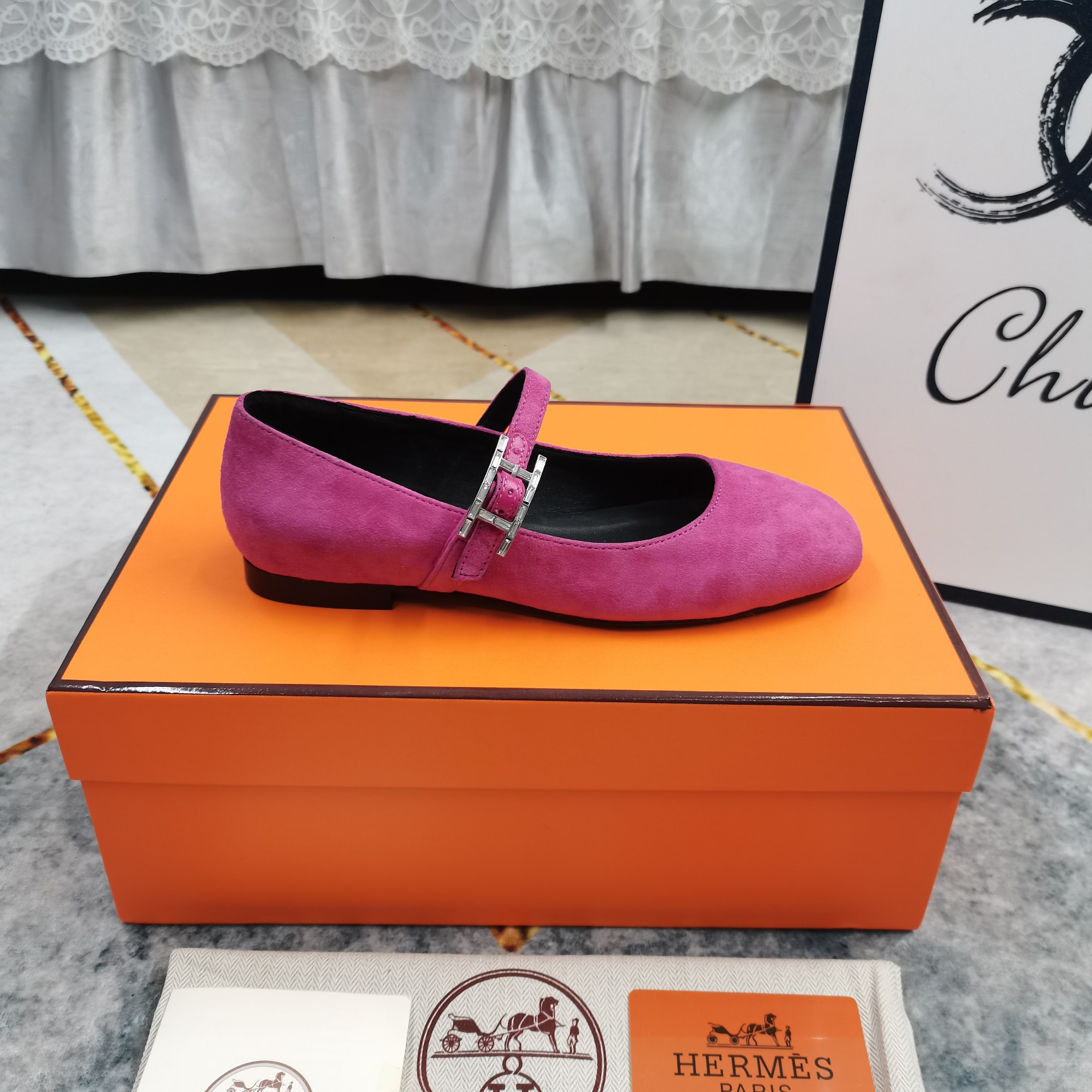 Hermes Women's Pink Suede Mary Jane Flats with Crystal Buckle Strap 7 a1743510038621 8060