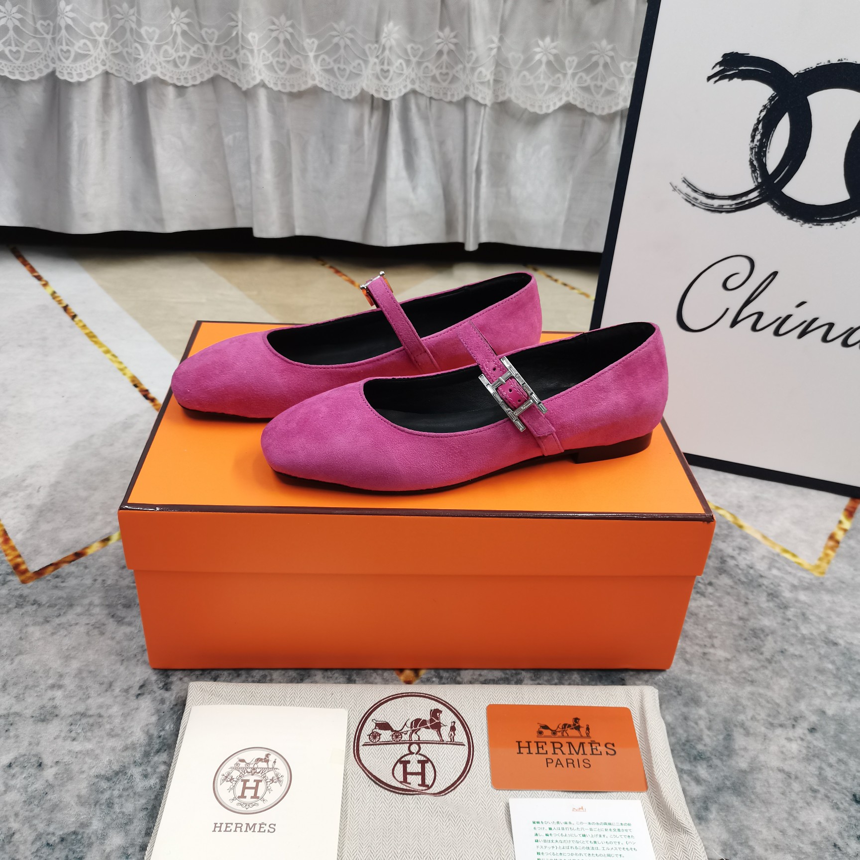 Hermes Women's Pink Suede Mary Jane Flats with Crystal Buckle Strap 9 a1743510038634 2446