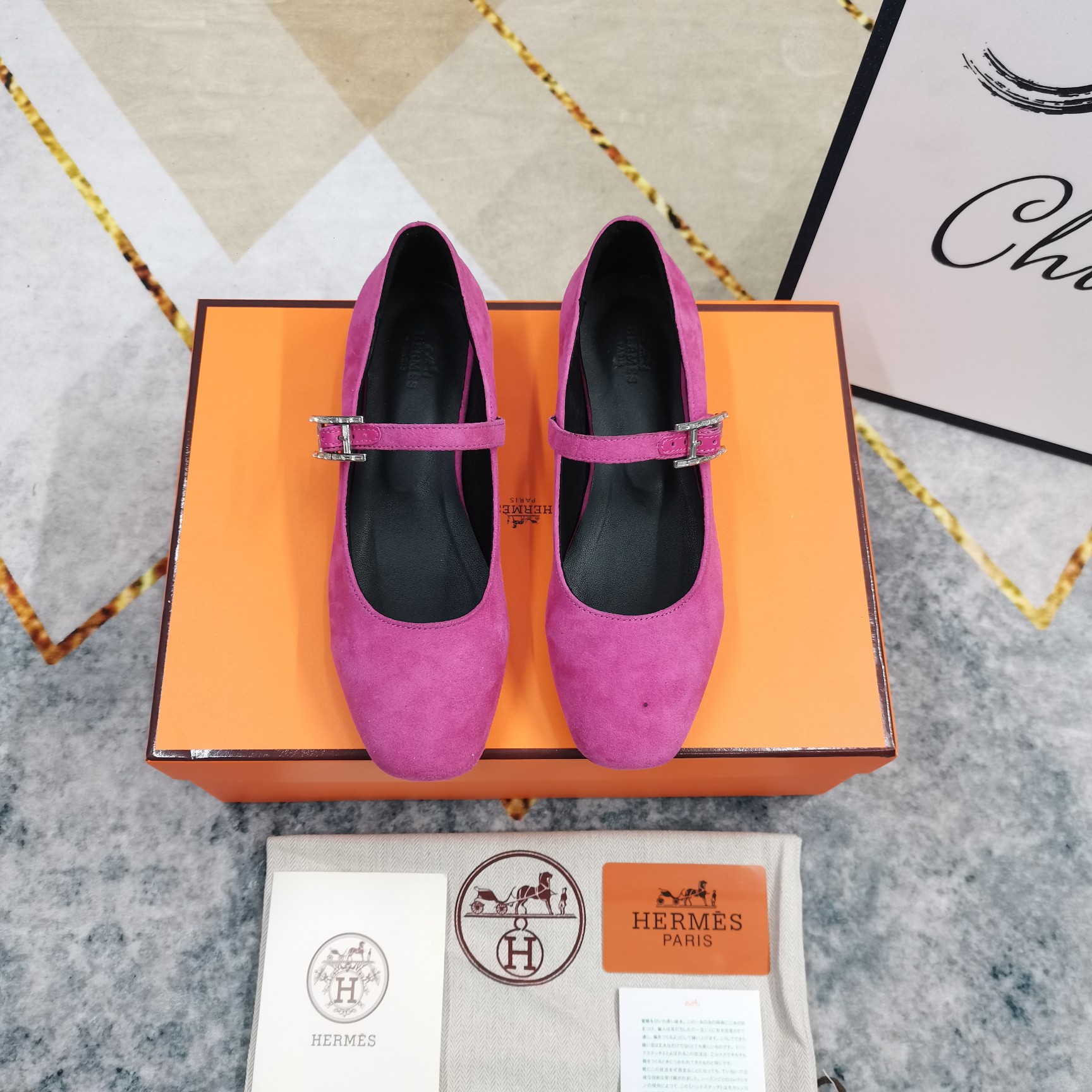 Hermes Women's Pink Suede Mary Jane Flats with Crystal Buckle Strap 6 a1743510038680 3440