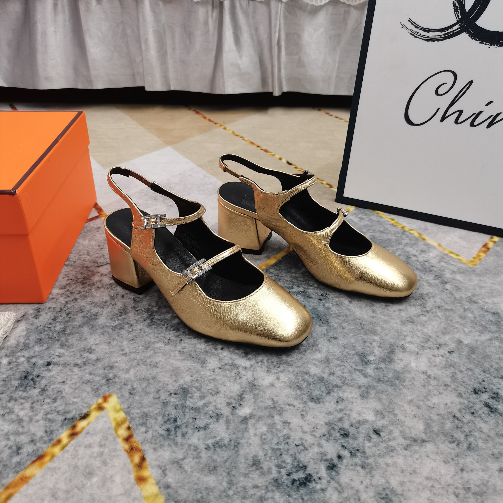 Hermes Mary Jane Block Heel Pumps Gold Leather Women's Shoes Size 35-40 4 a1743512076724 6248