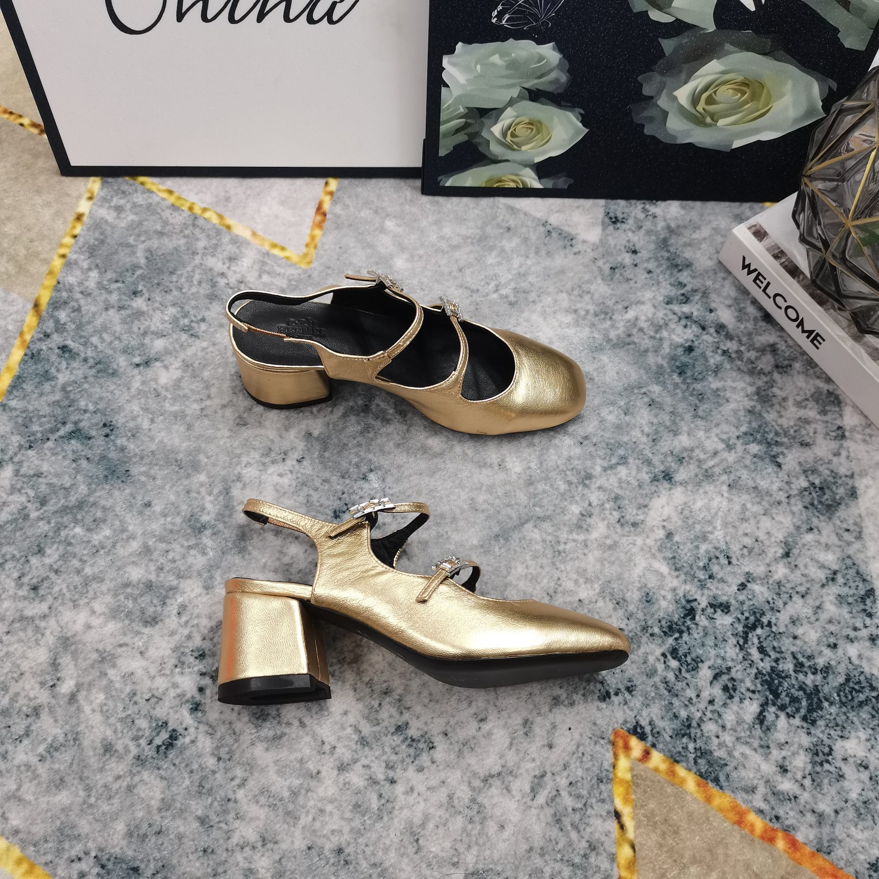 Hermes Mary Jane Block Heel Pumps Gold Leather Women's Shoes Size 35-40 5 a1743512076906 3531