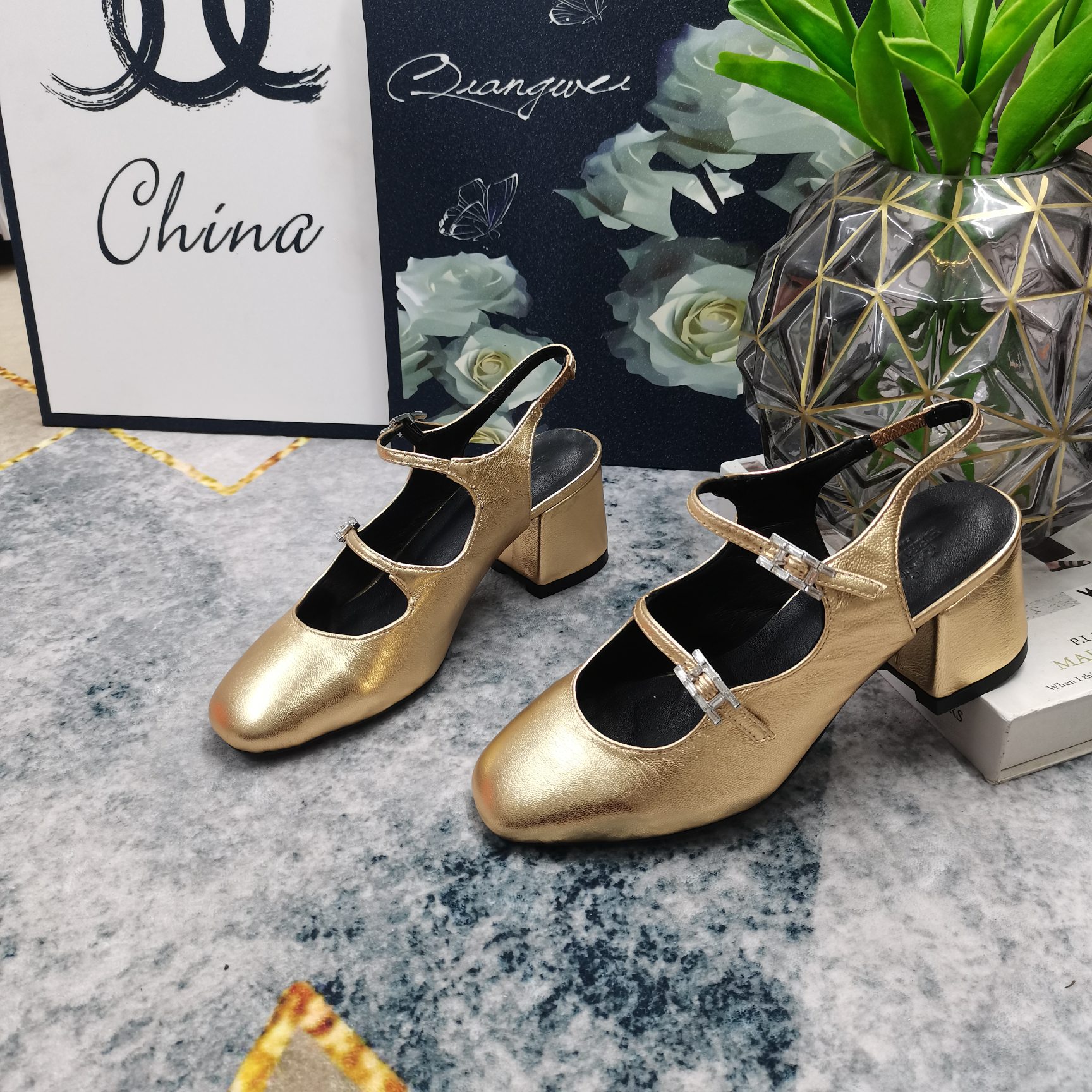 Hermes Mary Jane Block Heel Pumps Gold Leather Women's Shoes Size 35-40 6 a1743512076929 2006