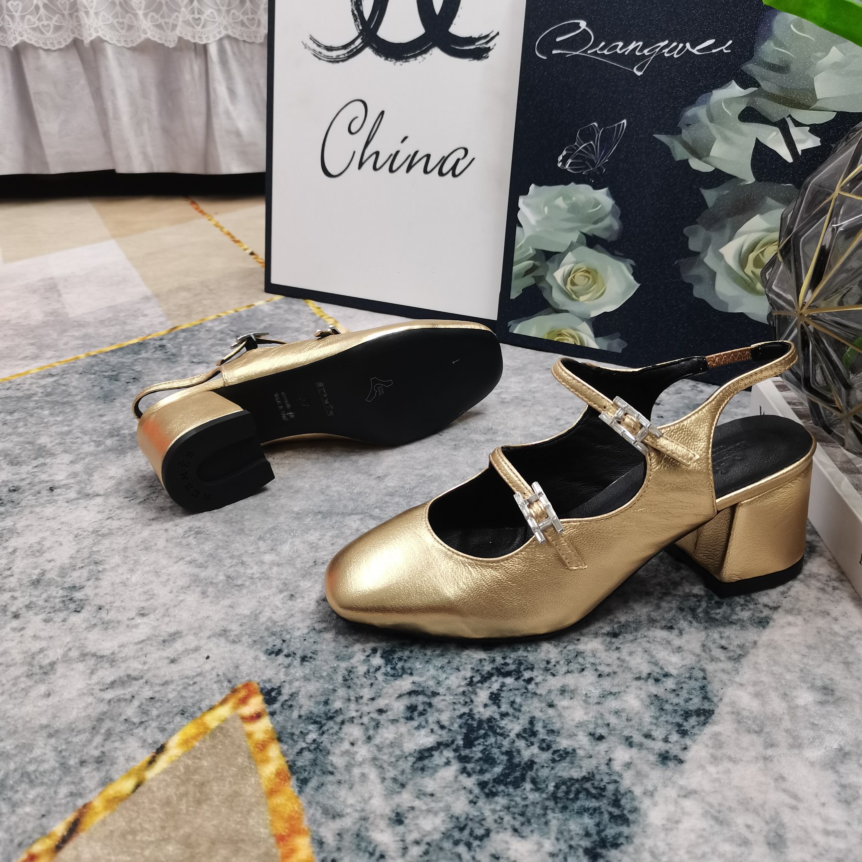 Hermes Mary Jane Block Heel Pumps Gold Leather Women's Shoes Size 35-40 3 a1743512076965 6235