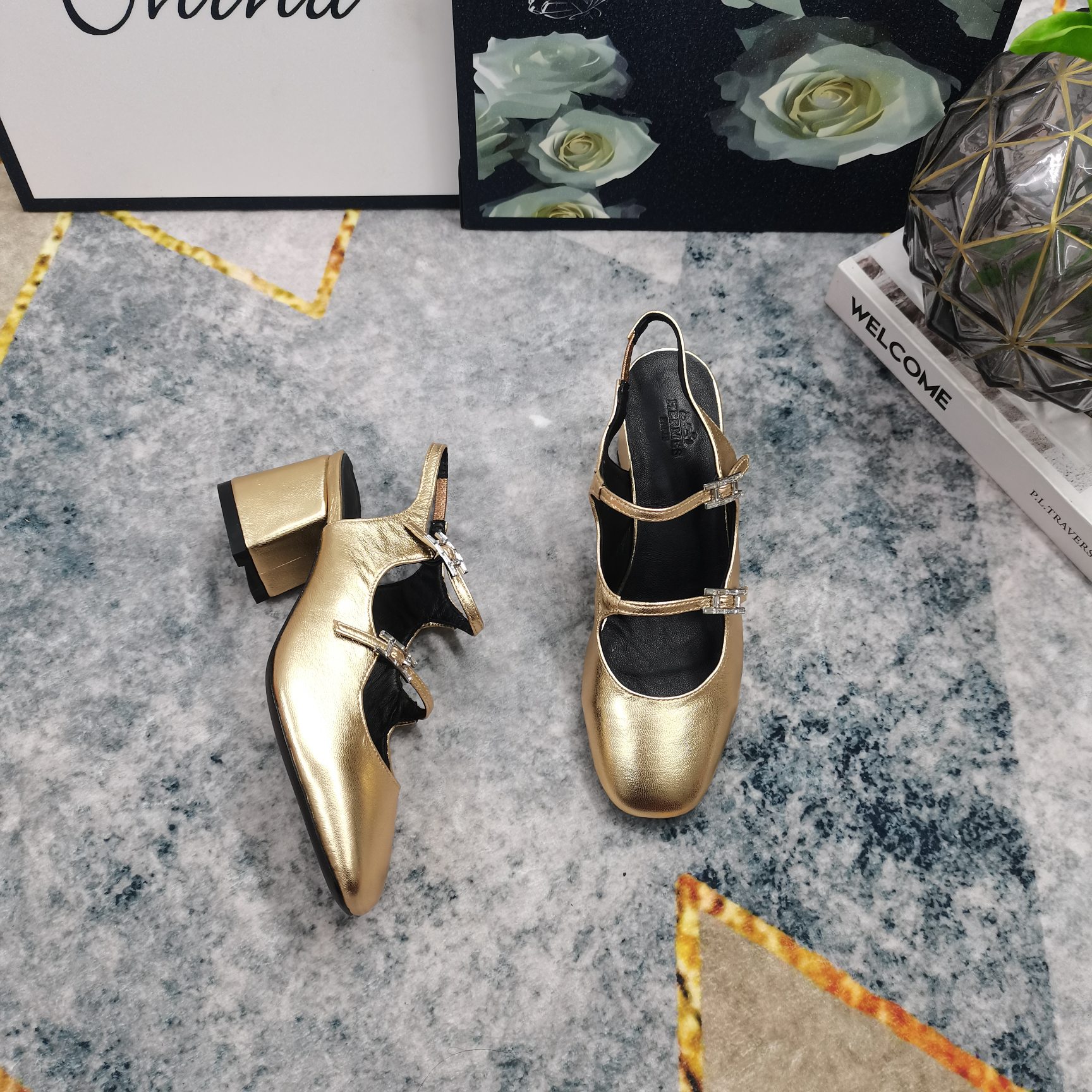 Hermes Mary Jane Block Heel Pumps Gold Leather Women's Shoes Size 35-40 9 a1743512077027 3246