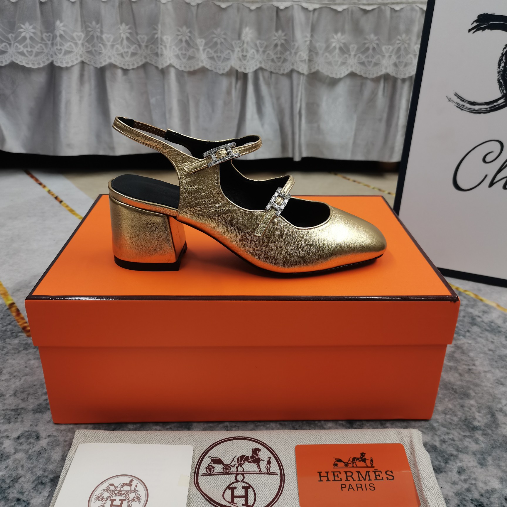 Hermes Mary Jane Block Heel Pumps Gold Leather Women's Shoes Size 35-40 8 a1743512077899 8504