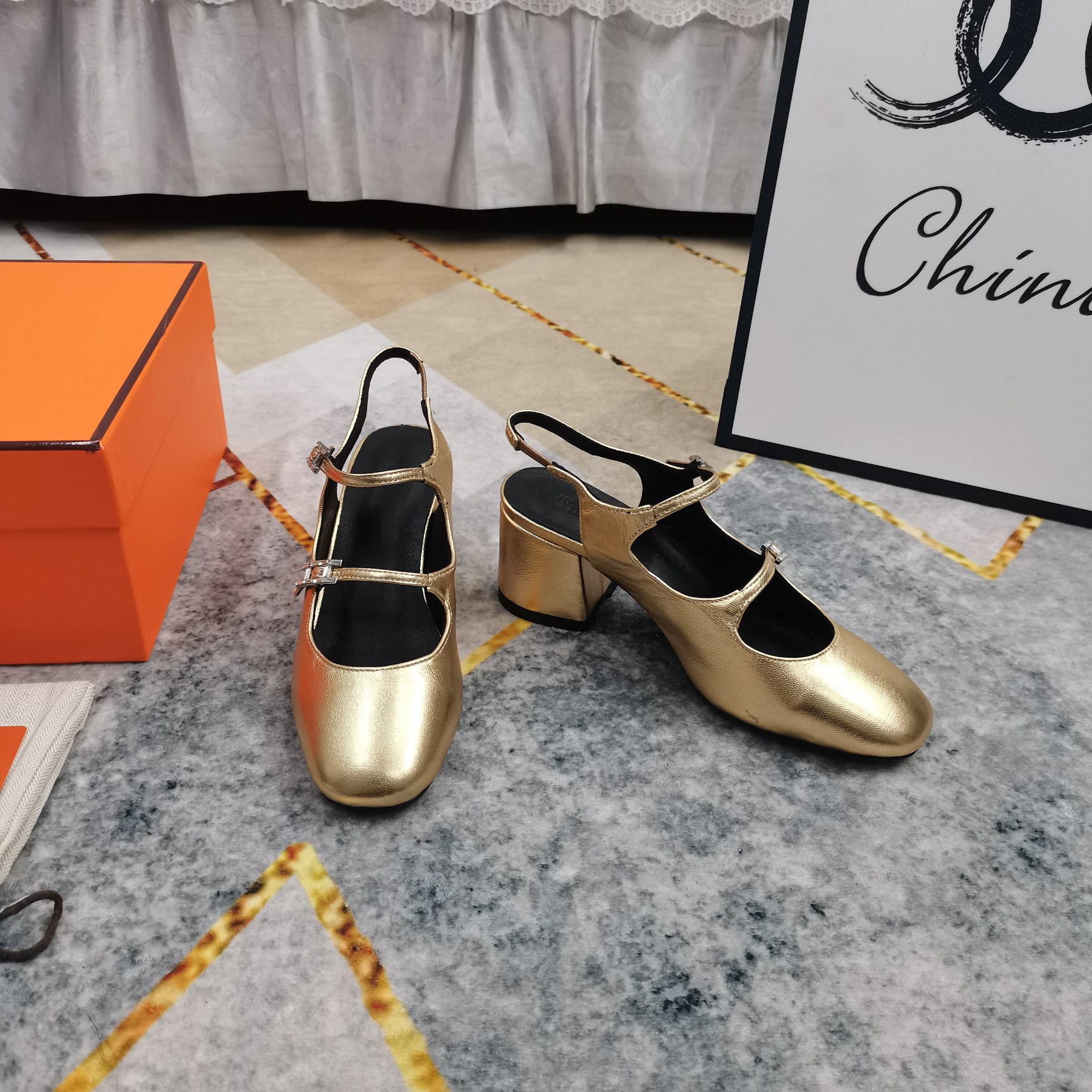Hermes Mary Jane Block Heel Pumps Gold Leather Women's Shoes Size 35-40 7 a1743512077924 7552