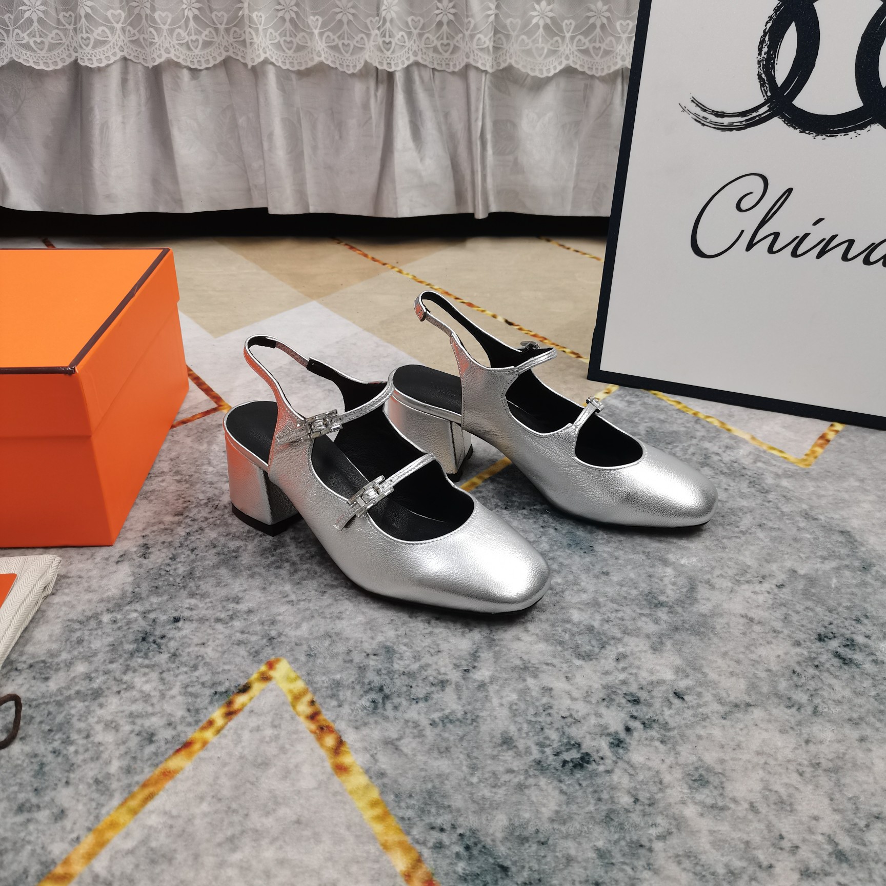 Hermes Women's Mary Jane Silver Leather Block Heel Slingback Shoes 3 a1743512349349 1417