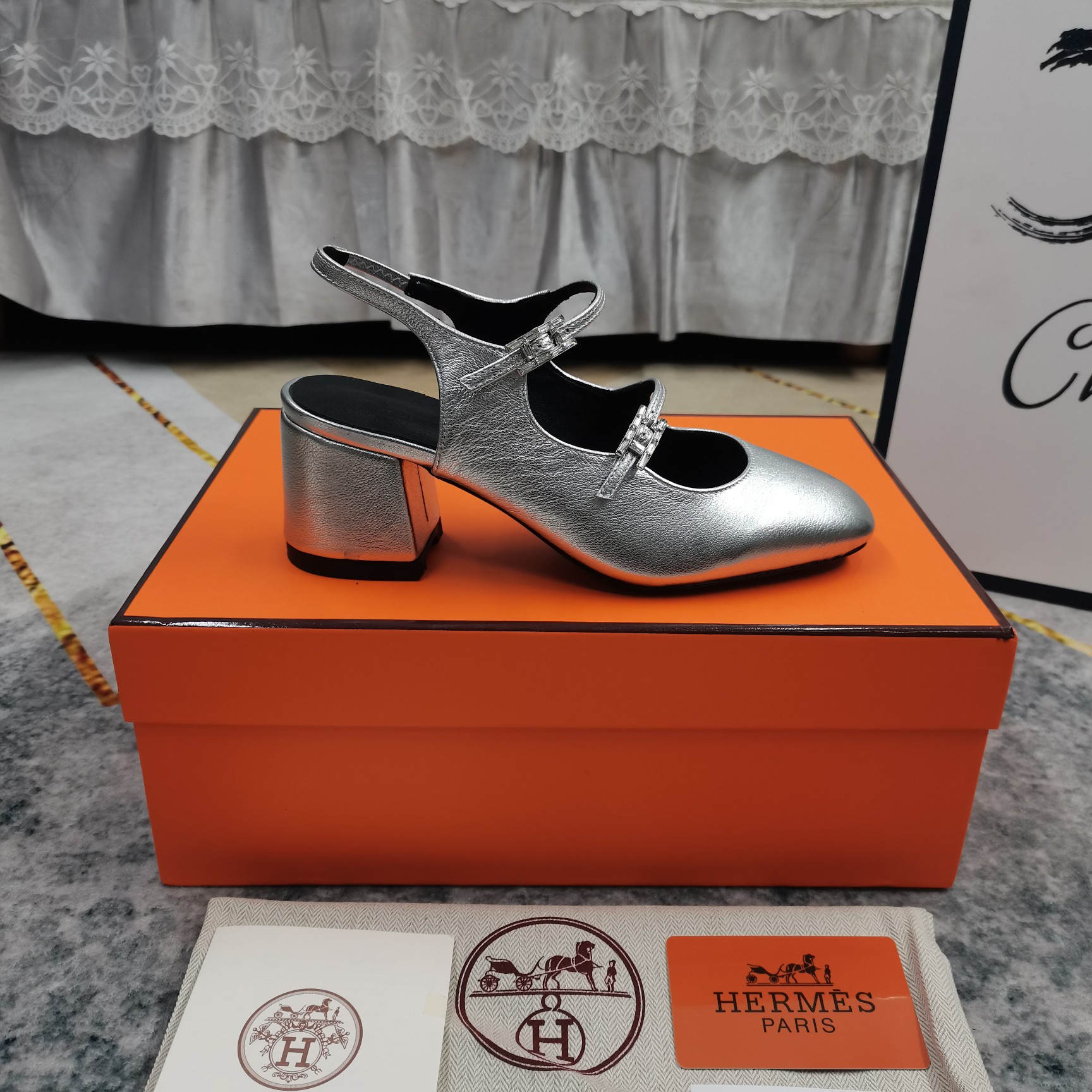 Hermes Women's Mary Jane Silver Leather Block Heel Slingback Shoes 7 a1743512349560 3523