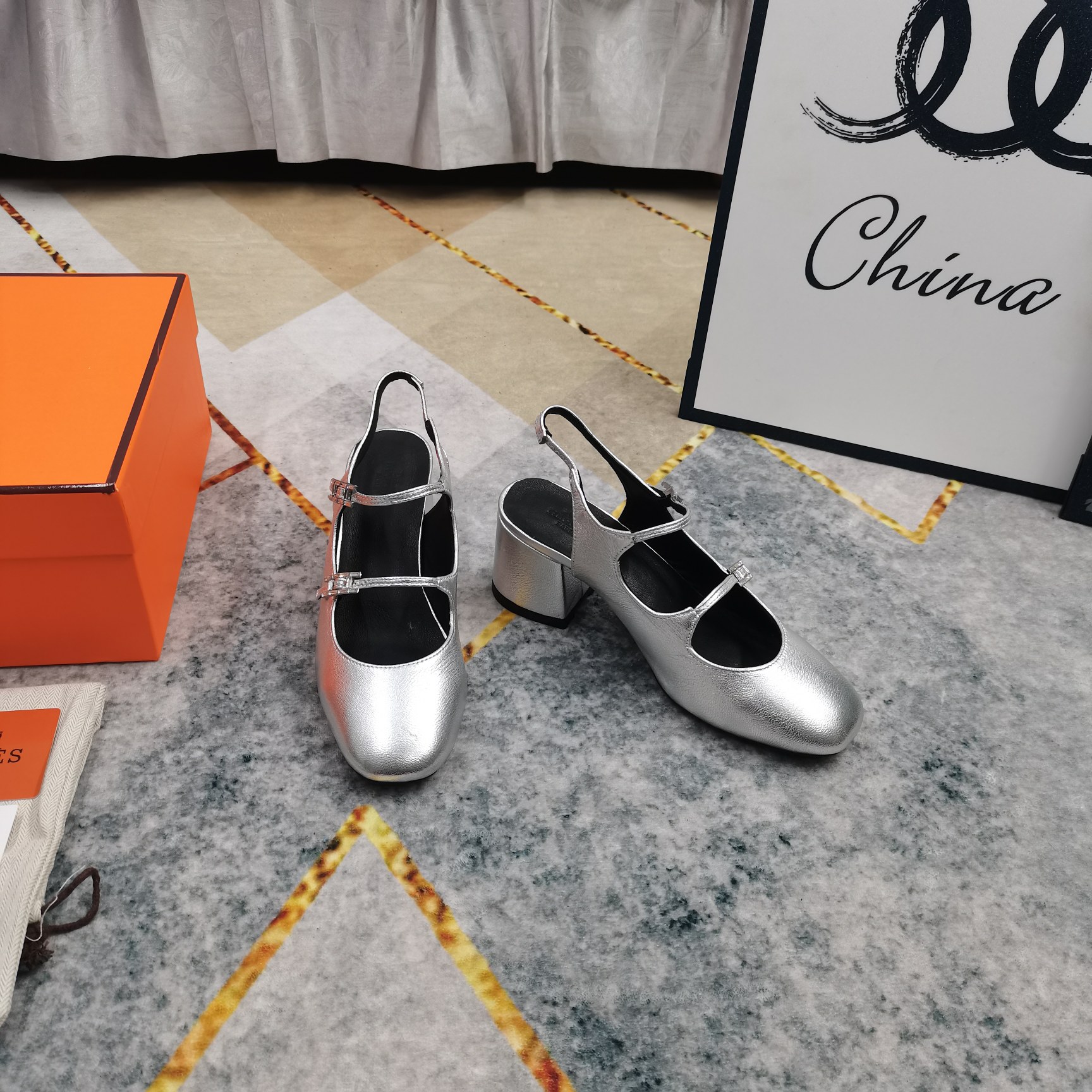 Hermes Women's Mary Jane Silver Leather Block Heel Slingback Shoes 6 a1743512349615 0863