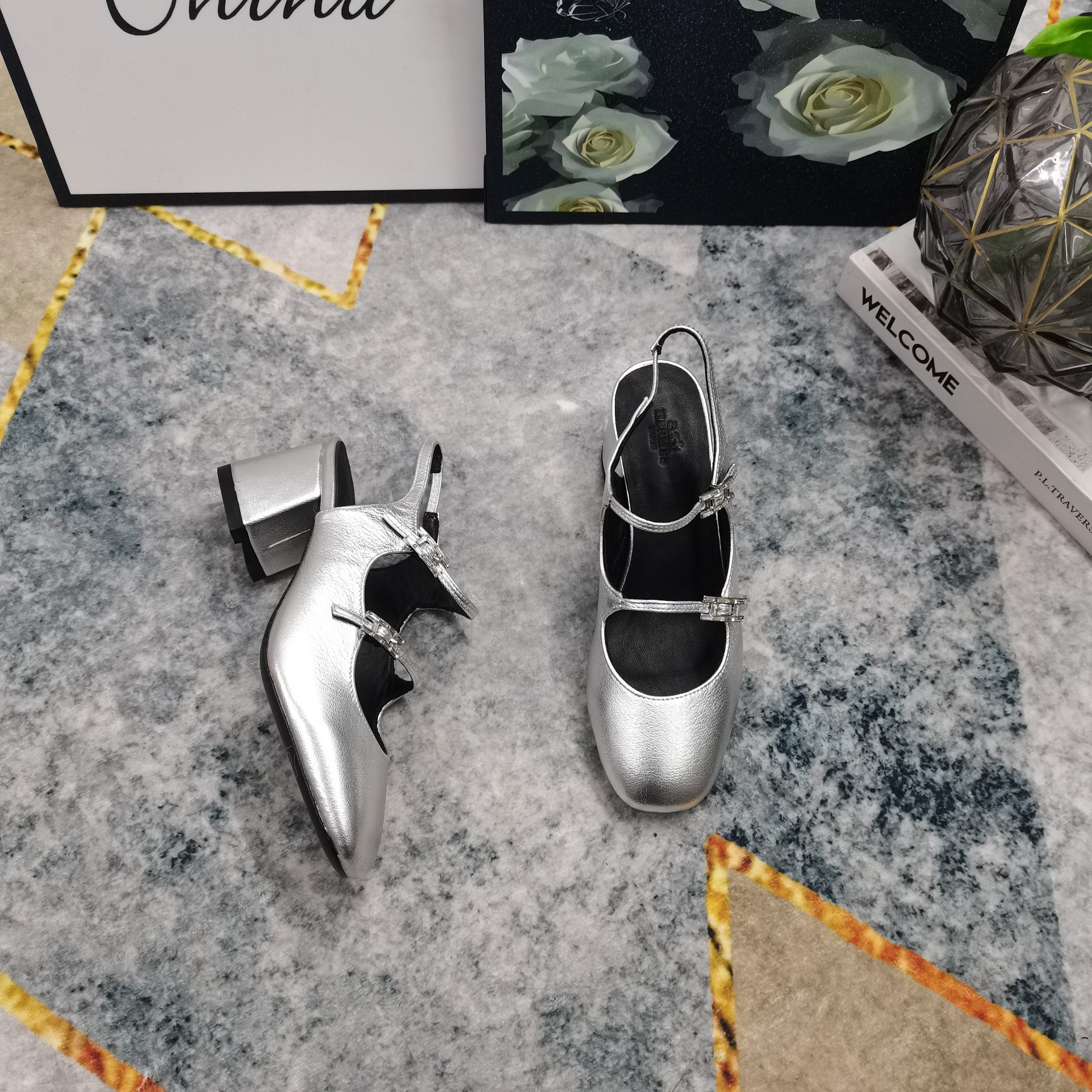 Hermes Women's Mary Jane Silver Leather Block Heel Slingback Shoes 5 a1743512349666 6128