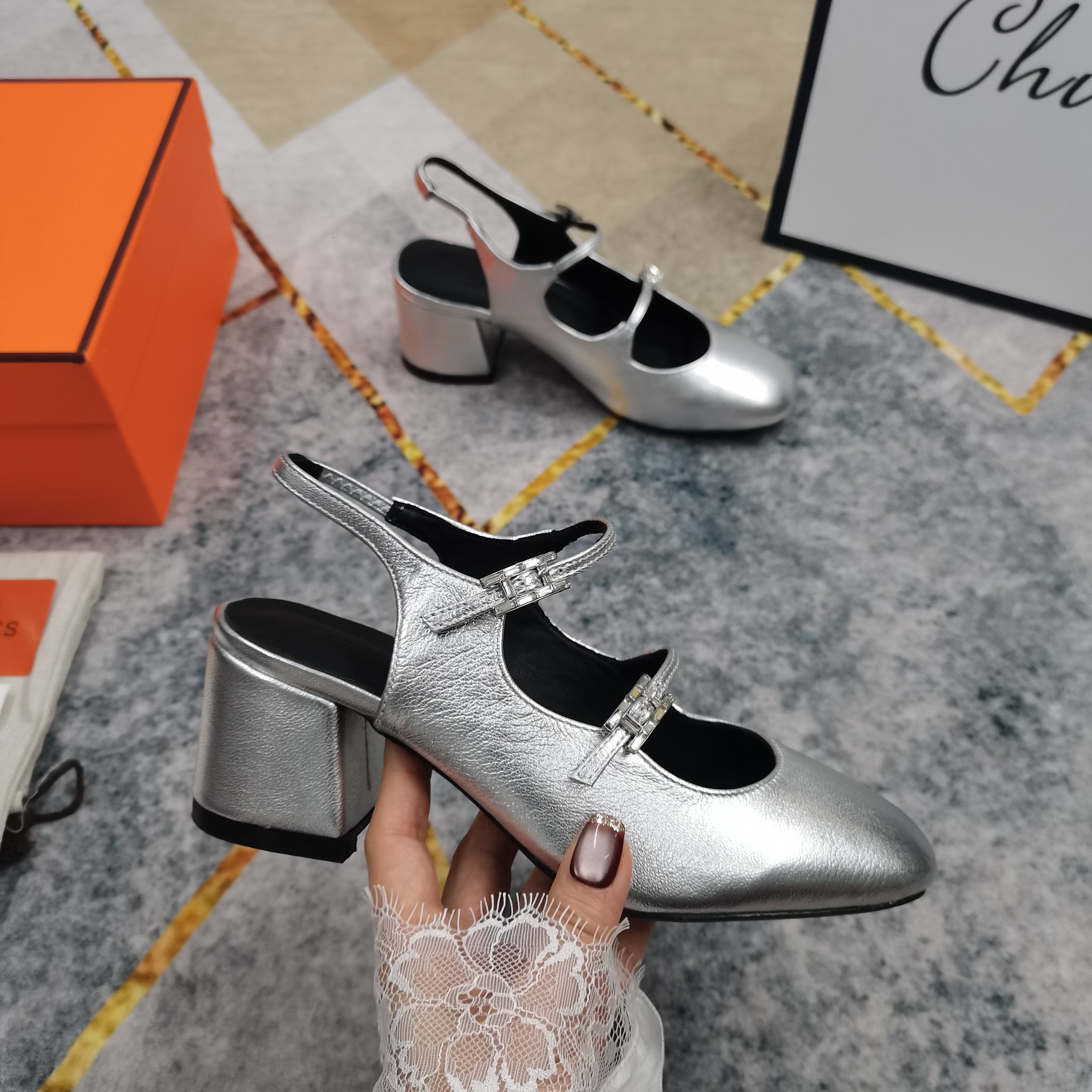 Hermes Women's Mary Jane Silver Leather Block Heel Slingback Shoes 1 Hermes Women's Mary Jane Silver Leather Block Heel Slingback Shoes