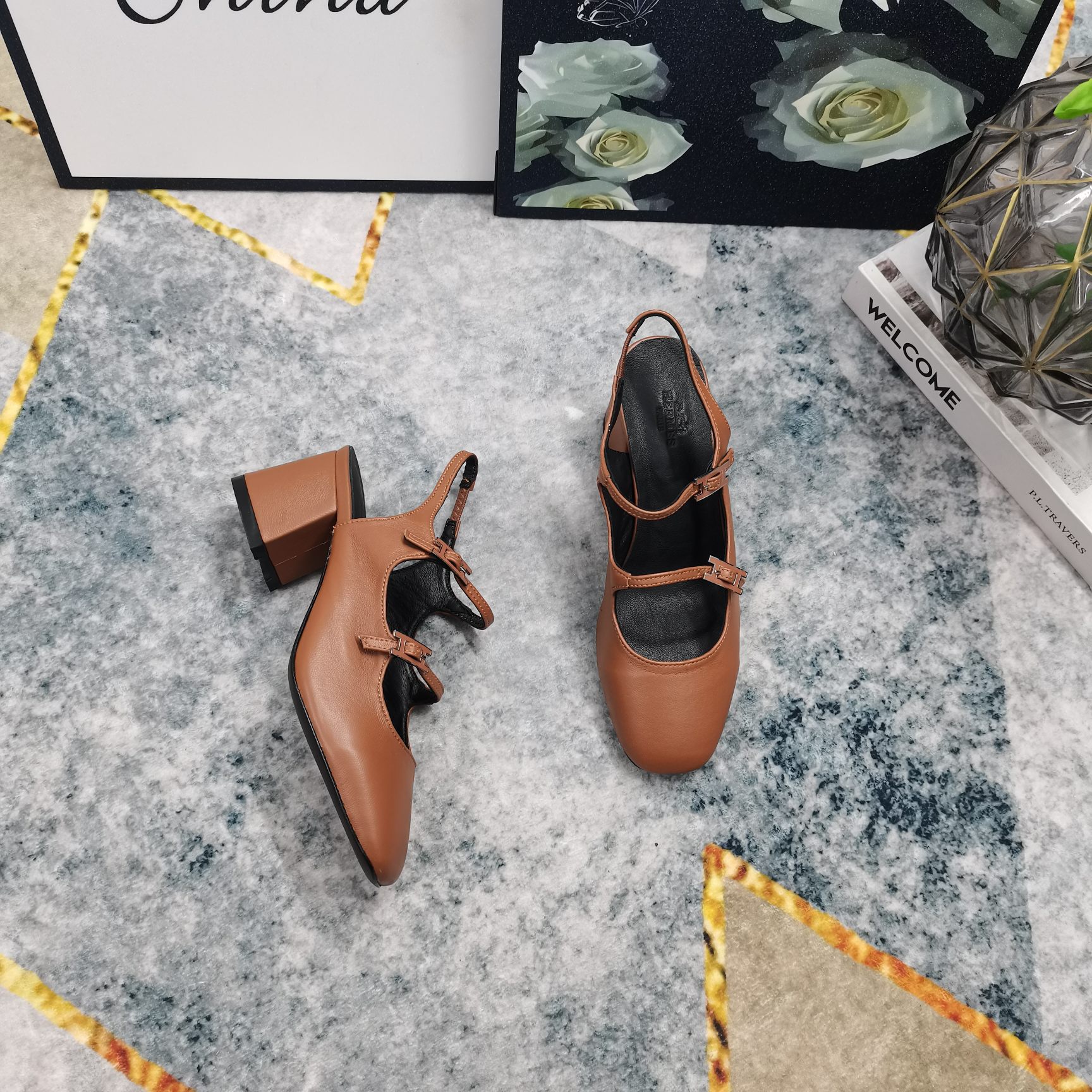 Hermes Women's Mary Jane Block Heel Leather Sandals, Comfortable and Stylish 5 a1743512401397 7681