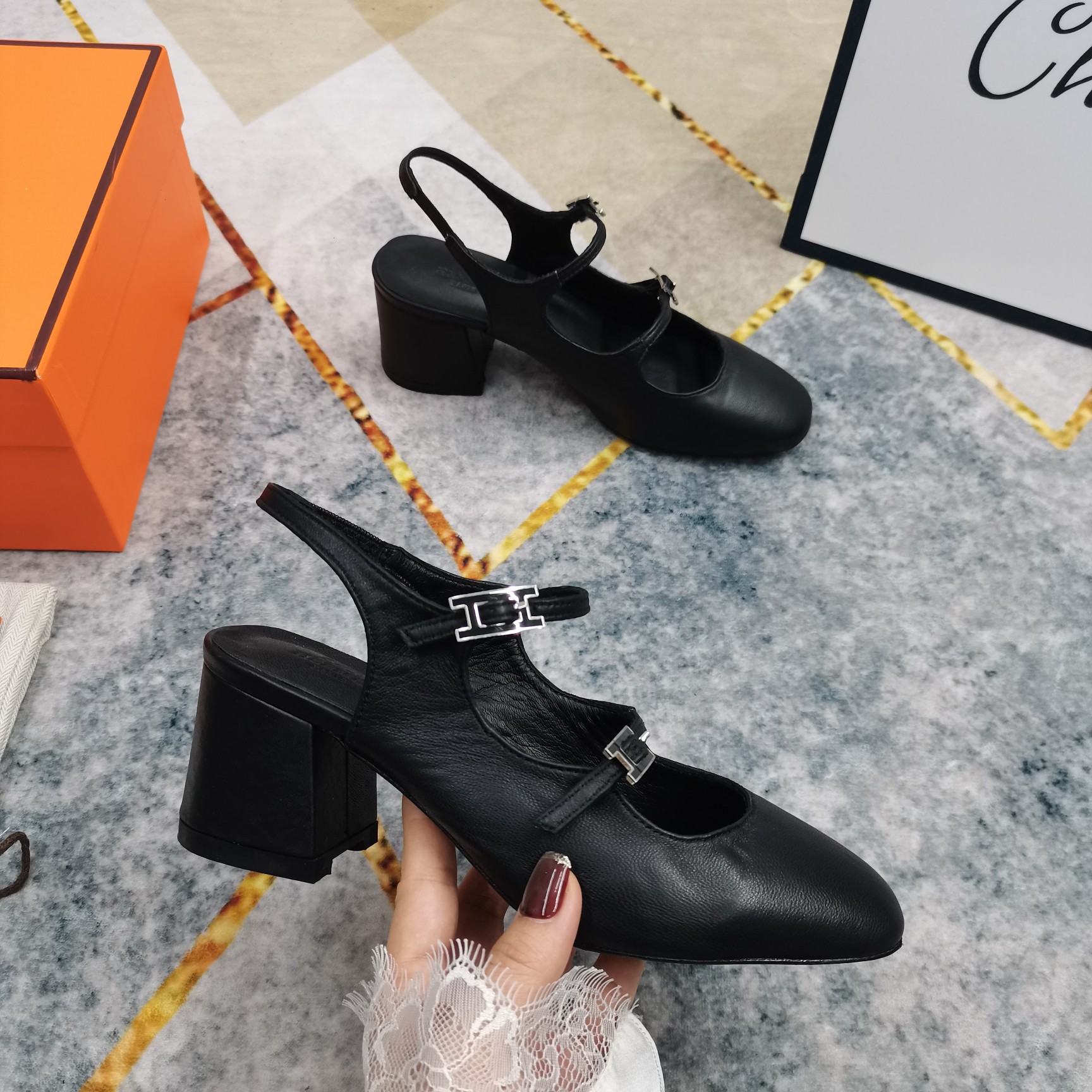 Hermes Women's Mary Jane Block Heel Pumps Genuine Leather Comfortable Shoes 1 Hermes Women's Mary Jane Block Heel Pumps Genuine Leather Comfortable Shoes